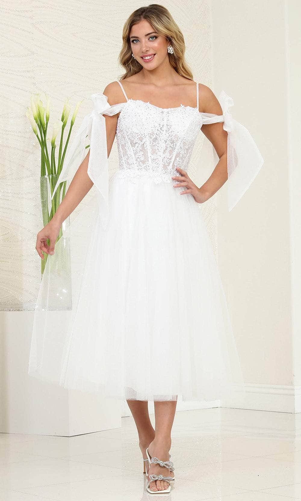 May Queen MQ2089 - Floral Appliqued A-Line Prom Dress Prom Dresses 4 / White