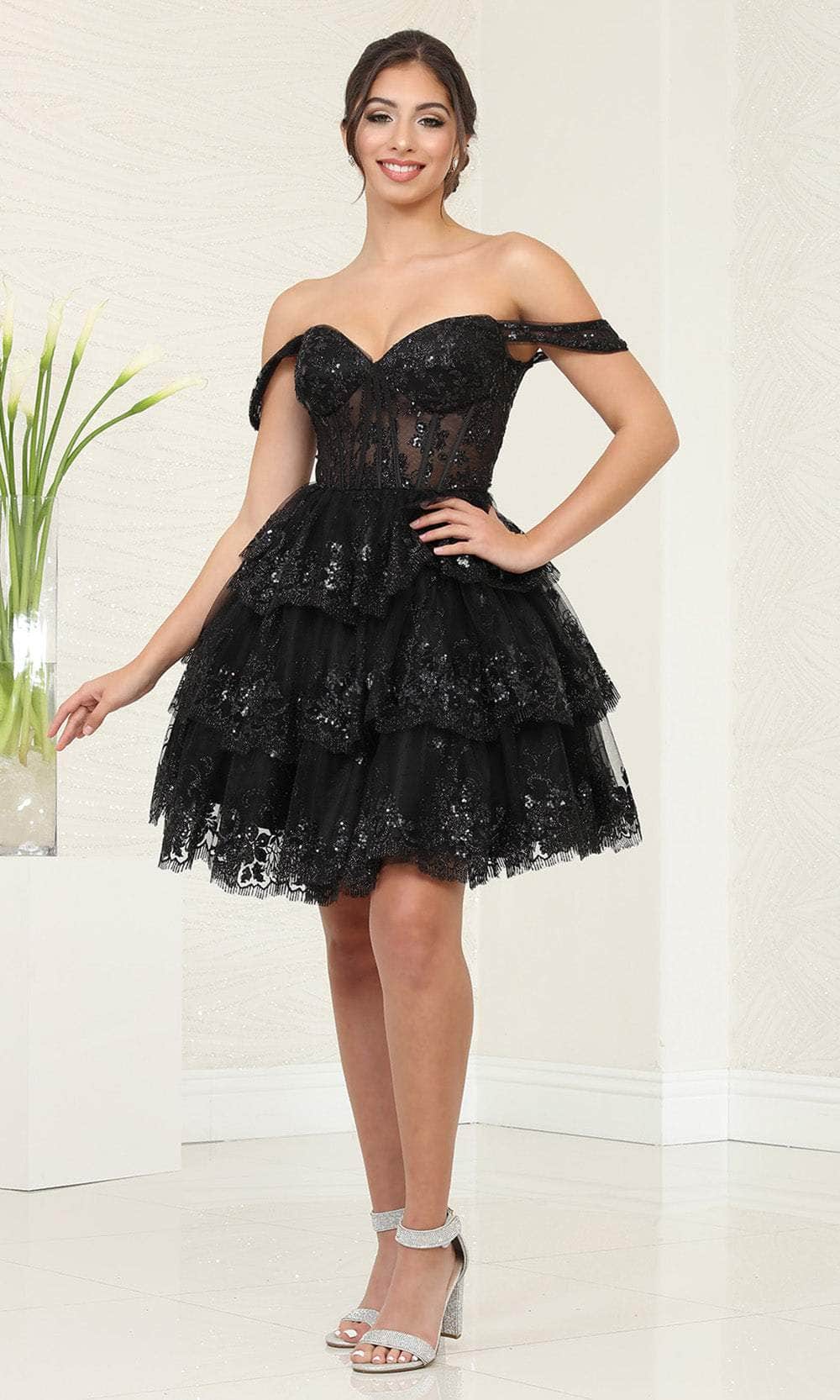 sparkly off the shoulder a line tiered short party dress Sparkly Dark Blue A Line Off The Shoulder Corset Tiered Short Homecoming Dress with Sequins