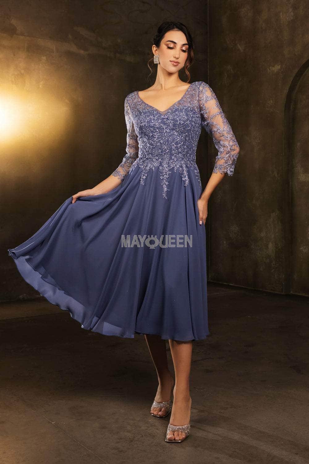 May Queen MQ2108 - Tea-Length Chiffon A-line Dress - Illusion Detail, Floral Lace Appliques, Beaded, Sheer Quarter-Length Sleeves, Illusion Full Back May Queen MQ2108 - Tea-Length Chiffon A-line Dress - Illusion Detail, Floral Lace Appliques, Beaded, Sheer Quarter-Length Sleeves, Illusion Full Back