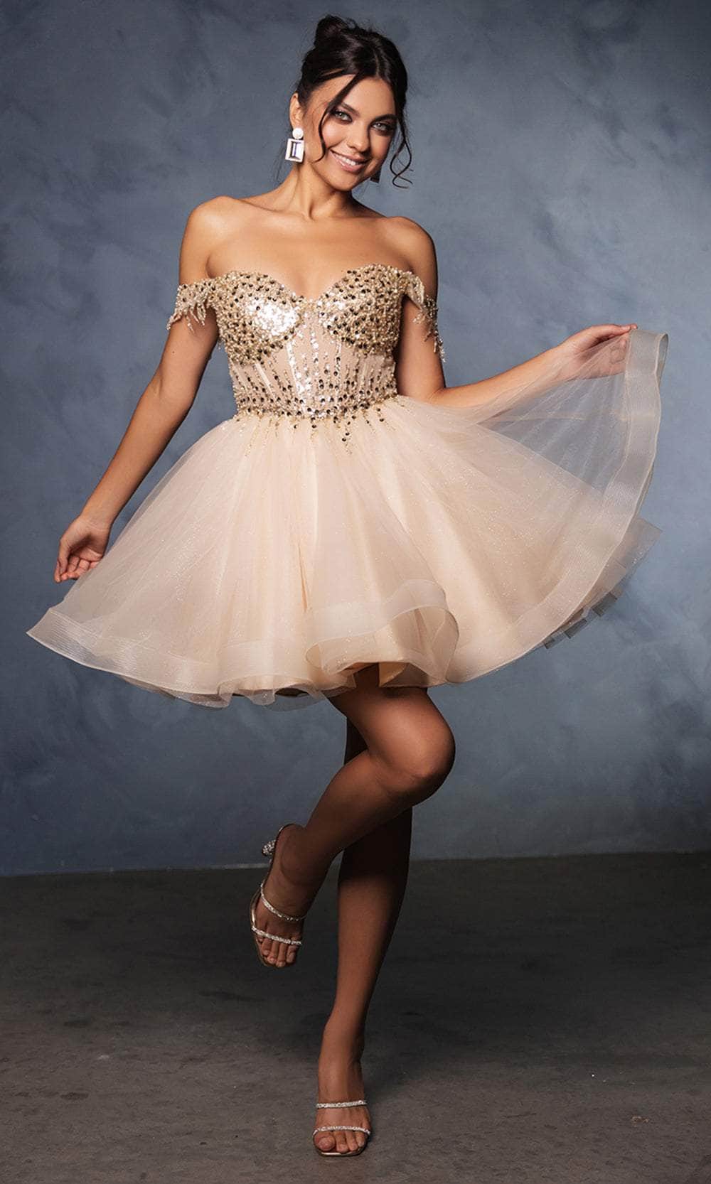 May Queen MQ2129 - Short A-Line Dress - Sequin, Fringe, Glitters, Ruffled Hem, Mid-Open Back, Lace Up, Mid-Thigh 6 / Champagne May Queen MQ2129 - Short A-Line Dress - Sequin, Fringe, Glitters, Ruffled Hem, Mid-Open Back, Lace Up, Mid-Thigh 6 / Champagne