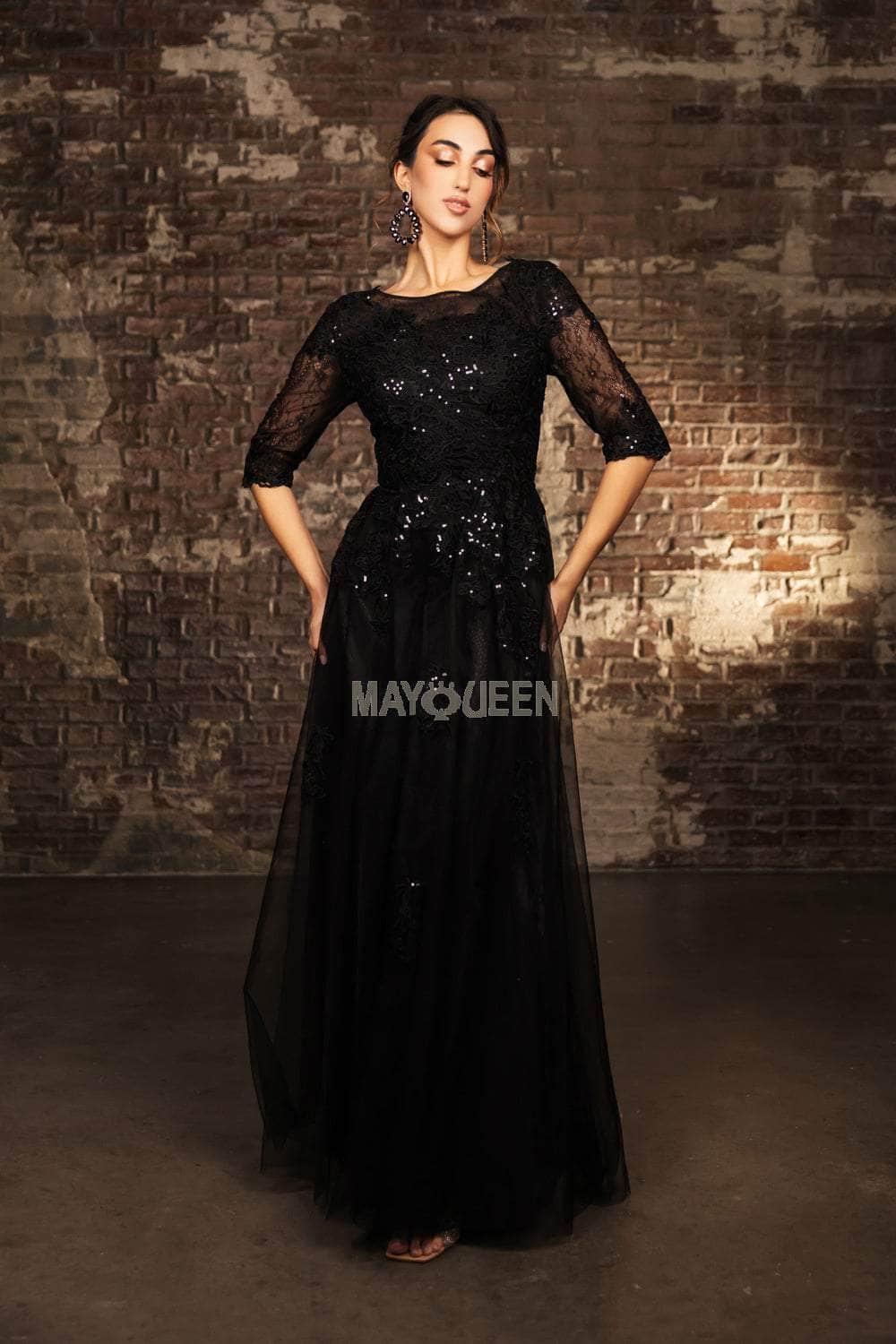 May Queen MQ2143 - Long Mesh A-Line Dress - Three-Quarter Length Sleeves, Floral Embroidery, Sequins, Full Back 5XL / Burgundy May Queen MQ2143 - Long Mesh A-Line Dress - Three-Quarter Length Sleeves, Floral Embroidery, Sequins, Full Back 5XL / Burgundy