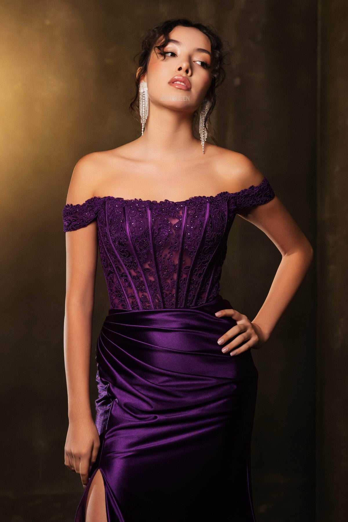 May Queen MQ2146B - Beaded Lace Straight Neckline Dress Prom Dresses