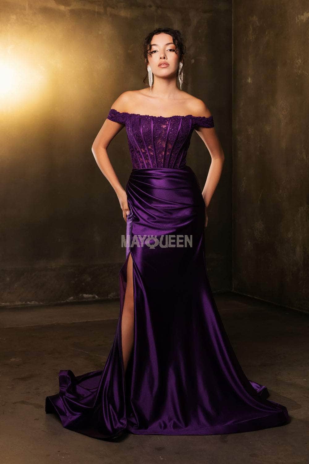 May Queen MQ2146B - Beaded Lace Straight Neckline Dress Prom Dresses 22 /  Eggplant