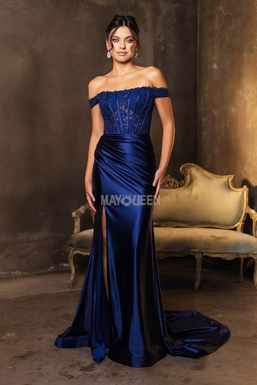 May Queen MQ2146B - Beaded Lace Straight Neckline Dress Prom Dresses 22 /  Navy