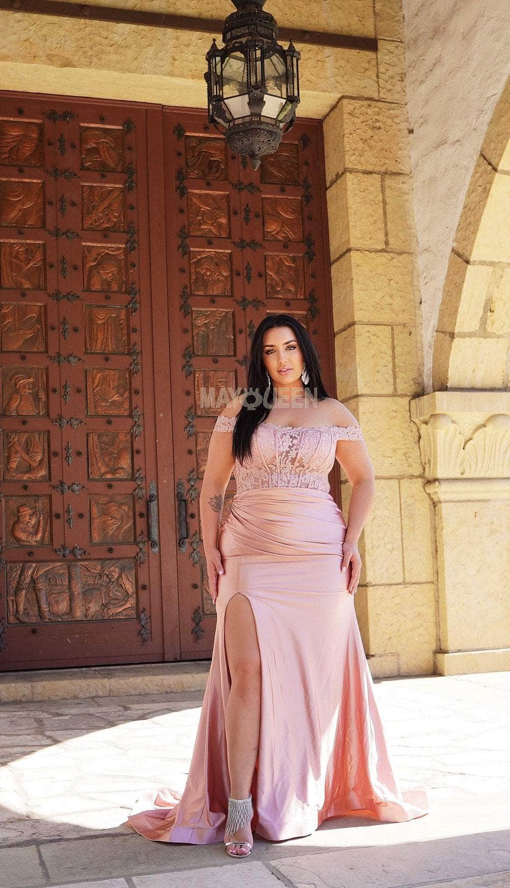 May Queen MQ2146B - Beaded Lace Straight Neckline Dress Prom Dresses 22 /  Rosegold