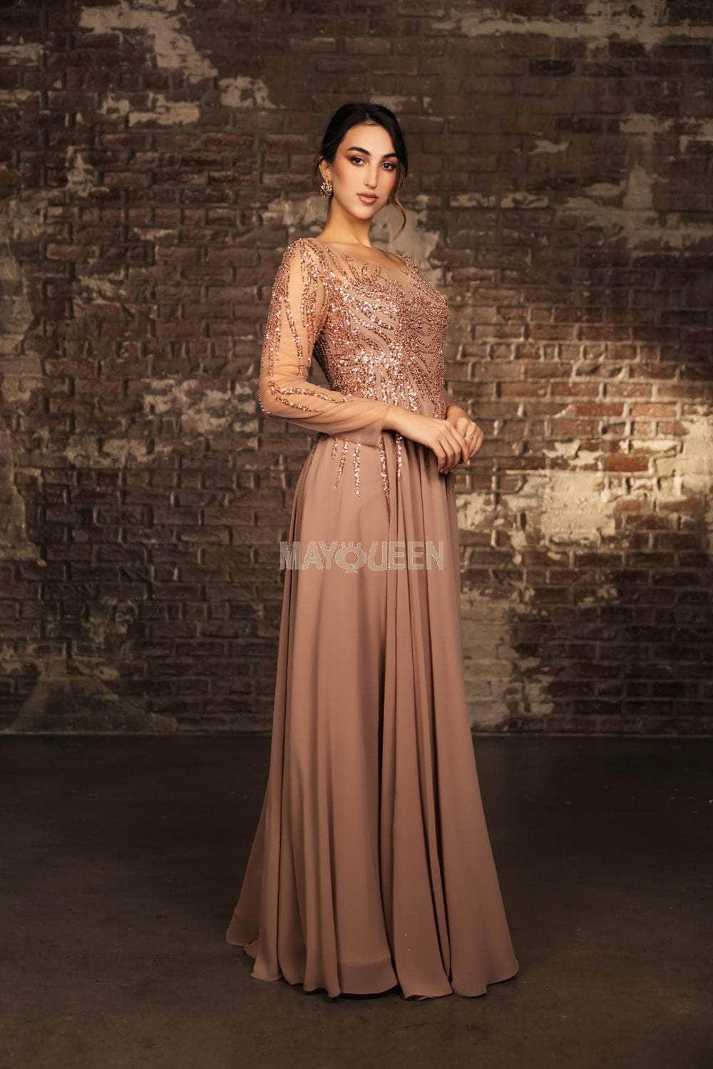 May Queen MQ2161 - Long A-line Dress - Long Sheer Sleeves, Beaded, Sequin, Illusion Full Back, Concealed Back Zipper ADASA May Queen MQ2161 - Long A-line Dress - Long Sheer Sleeves, Beaded, Sequin, Illusion Full Back, Concealed Back Zipper ADASA