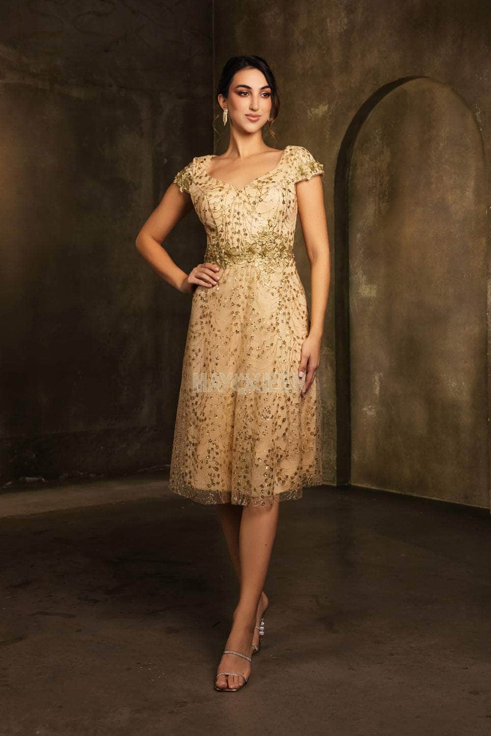 May Queen MQ2162 - Tea-Length Tulle A-line Dress - Cap Sleeves, Sequin Embellishments, Floral Lace Appliques, Illusion Full Back 3XL / Gold May Queen MQ2162 - Tea-Length Tulle A-line Dress - Cap Sleeves, Sequin Embellishments, Floral Lace Appliques, Illusion Full Back 3XL / Gold