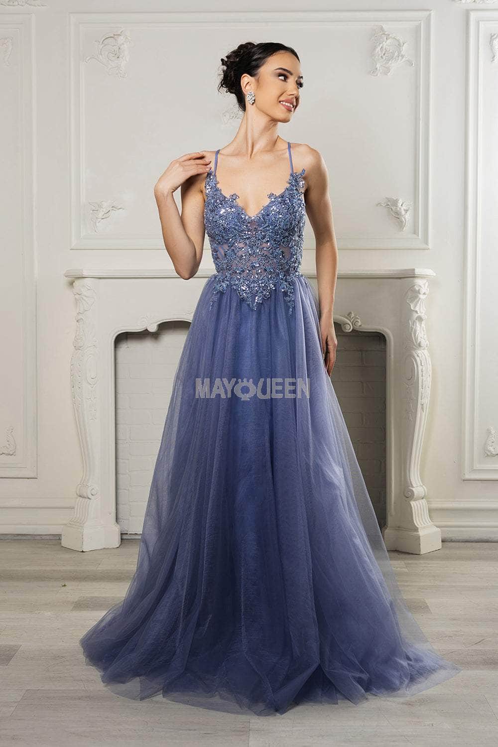 May Queen MQ2167 - Long Tulle A-line Dress - Illusion Bodice, Embroidered, Sequin, Spaghetti Straps, Layered Skirt, Sweep Train ADASA May Queen MQ2167 - Long Tulle A-line Dress - Illusion Bodice, Embroidered, Sequin, Spaghetti Straps, Layered Skirt, Sweep Train ADASA