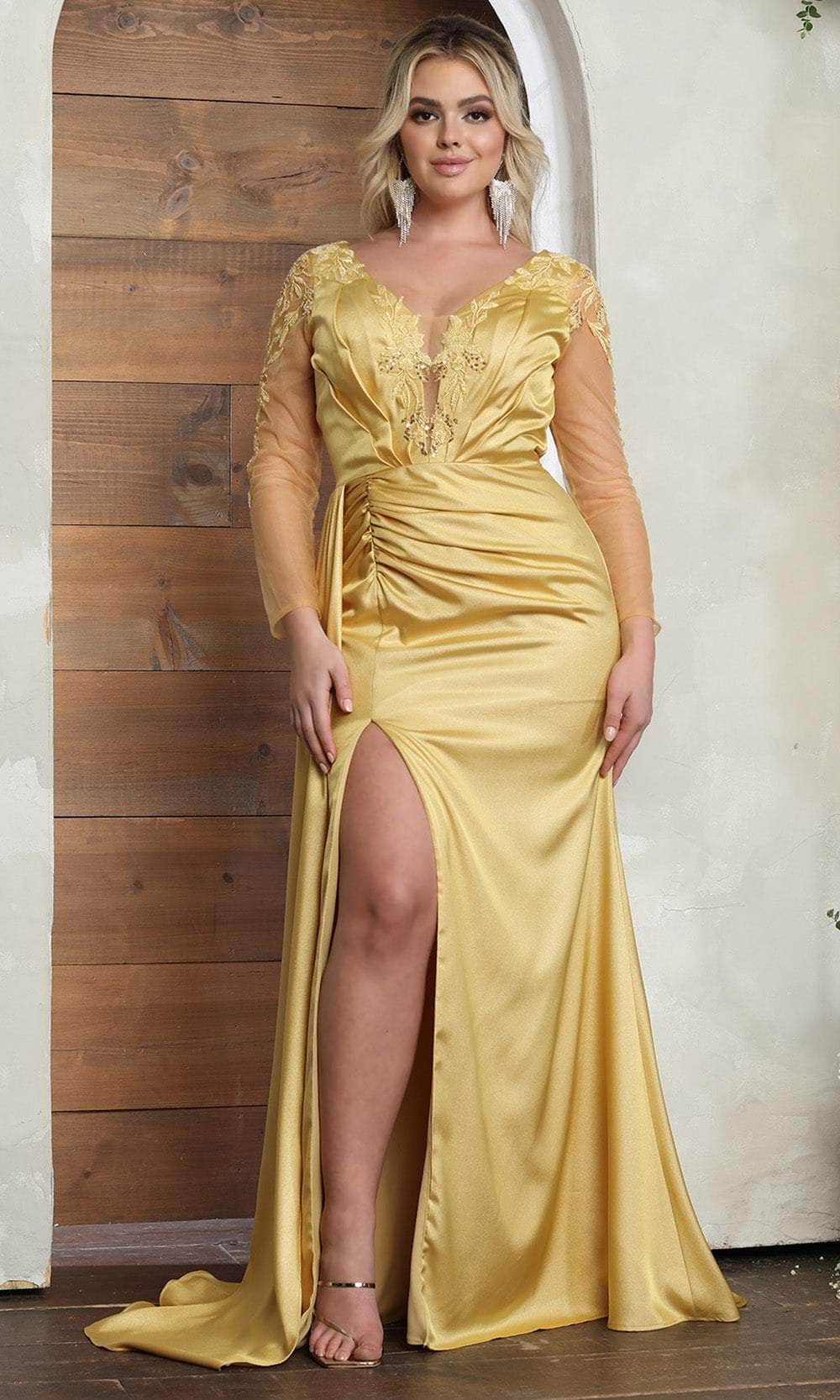 May Queen RQ8045 - Long Sheath Dress - Sheer Long Sleeve, Embroidery, Beaded, Ruched, V-Back, Back Zipper, Side Draped, High Slit, Sweep Train 16 / May Queen RQ8045 - Long Sheath Dress - Sheer Long Sleeve, Embroidery, Beaded, Ruched, V-Back, Back Zipper, Side Draped, High Slit, Sweep Train 16 /
