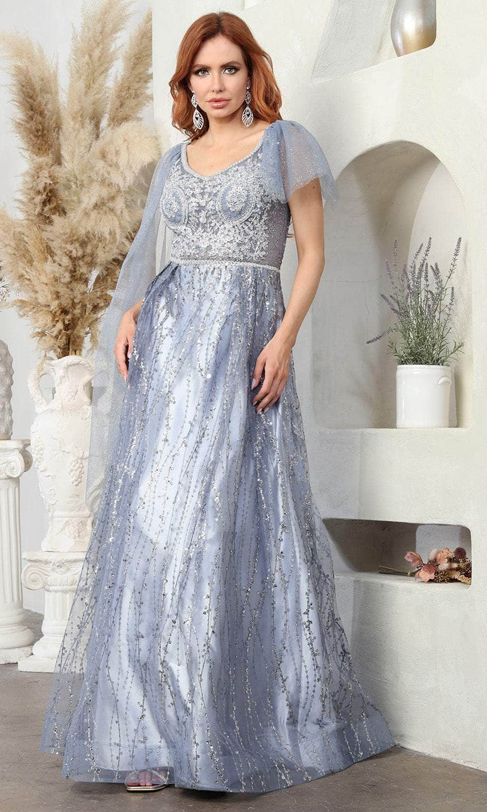 May Queen RQ8071 - Long A-Line Dress - Long Cape Sleeve, Beaded, Lace Applique, Thin Belt, Pleated, Mid-Open Back, Horsehair Hem ADASA May Queen RQ8071 - Long A-Line Dress - Long Cape Sleeve, Beaded, Lace Applique, Thin Belt, Pleated, Mid-Open Back, Horsehair Hem ADASA