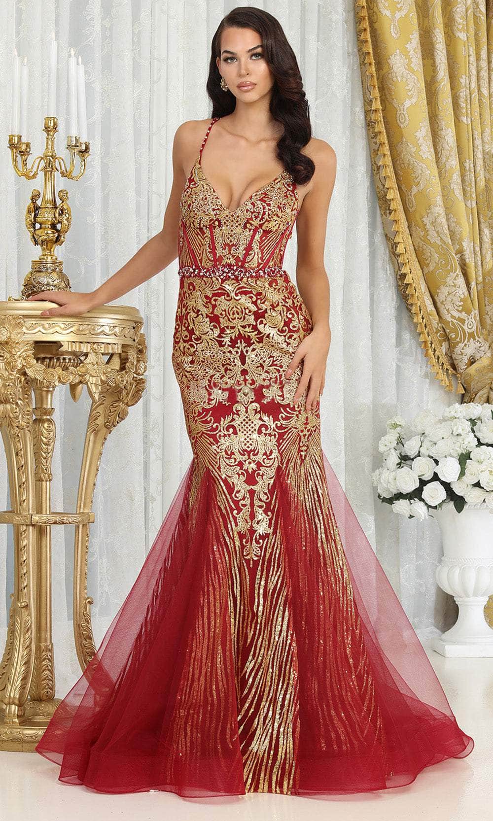 May Queen RQ8079 - Long Mermaid Dress - Sleeveless, Beaded, Sequin Gold Pattern, Thin Belt, Strappy Open Back, Godets Accent, Horsehair Hem, Sweep Train ADASA May Queen RQ8079 - Long Mermaid Dress - Sleeveless, Beaded, Sequin Gold Pattern, Thin Belt, Strappy Open Back, Godets Accent, Horsehair Hem, Sweep Train ADASA