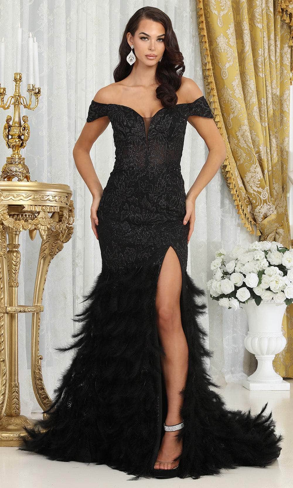 May Queen RQ8093 - Long Trumpet Dress - Off Shoulder, Cap Sleeve, Embroidery, Beaded, Mid-Open Back, Feather Skirt, High Slit, Sweep Train 6 / Black May Queen RQ8093 - Long Trumpet Dress - Off Shoulder, Cap Sleeve, Embroidery, Beaded, Mid-Open Back, Feather Skirt, High Slit, Sweep Train 6 / Black