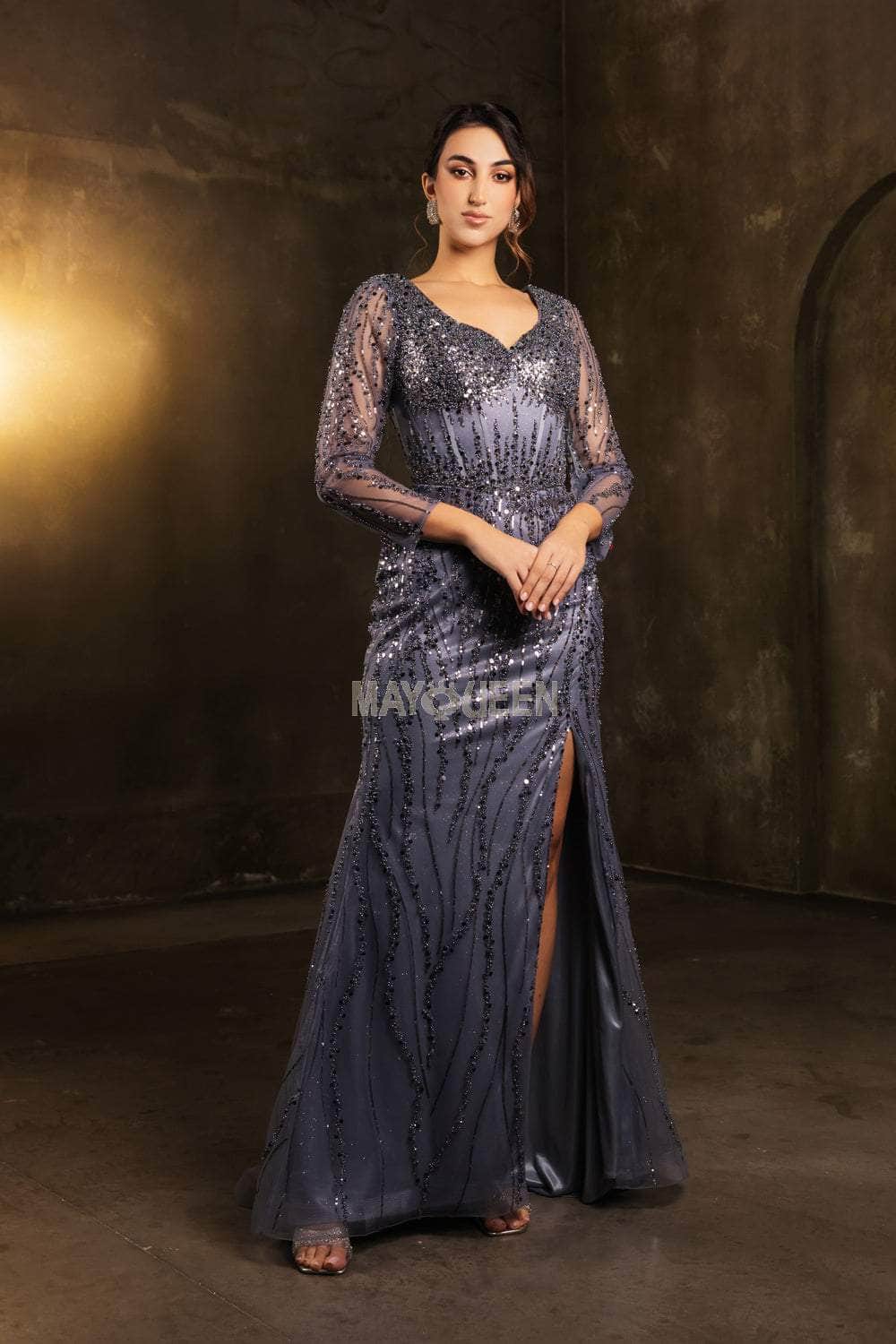 May Queen RQ8174 - Sequined Sweetheart Dress with Slit Mother of the Bride Dresses M /  Dustyblue