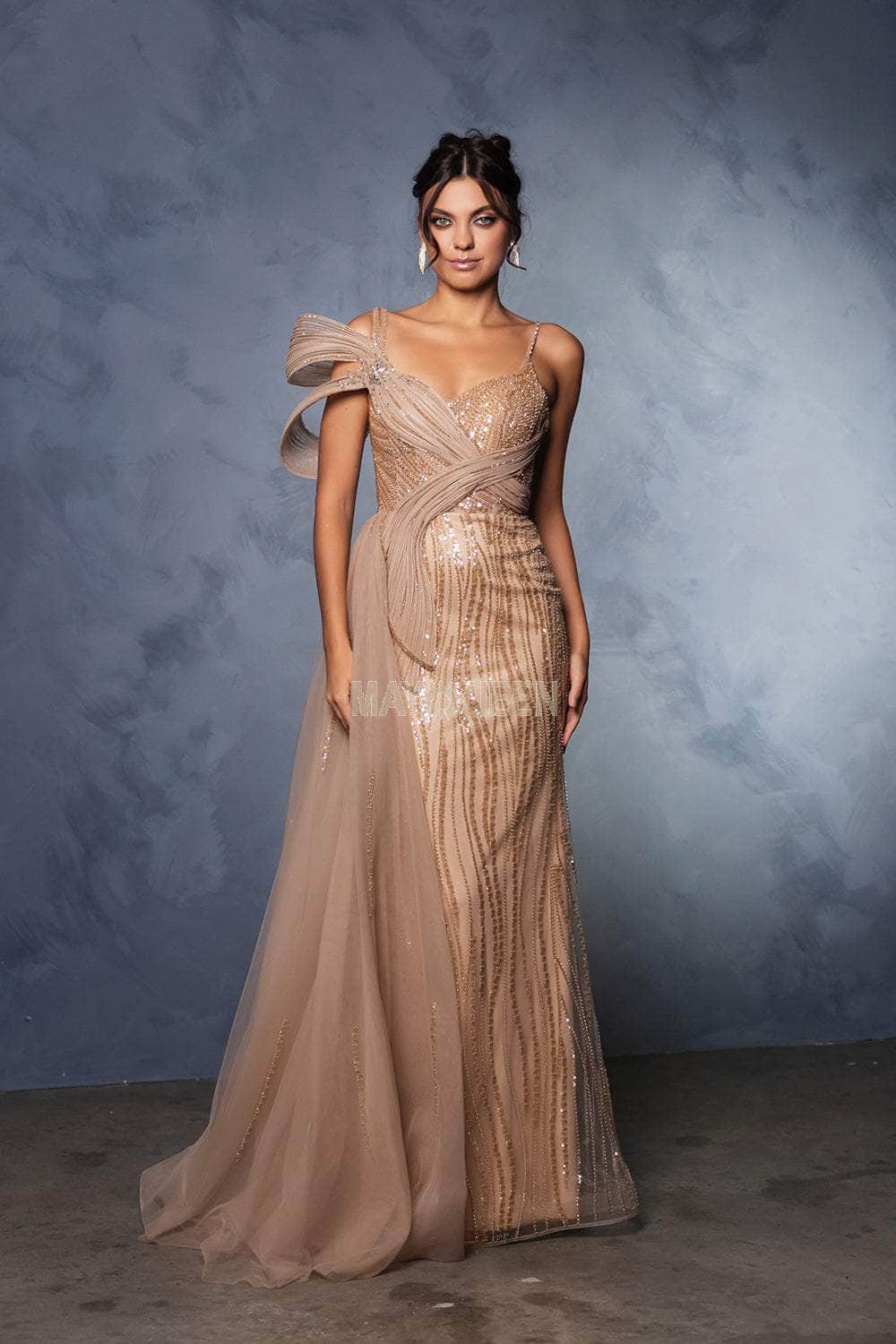 May Queen RQ8175 - Long Tulle Sheath Dress - Thin Straps, Off Shoulder Sleeve, Side Drape, Asymmetric Detail, Beaded, Sequin, Open Back ADASA May Queen RQ8175 - Long Tulle Sheath Dress - Thin Straps, Off Shoulder Sleeve, Side Drape, Asymmetric Detail, Beaded, Sequin, Open Back ADASA