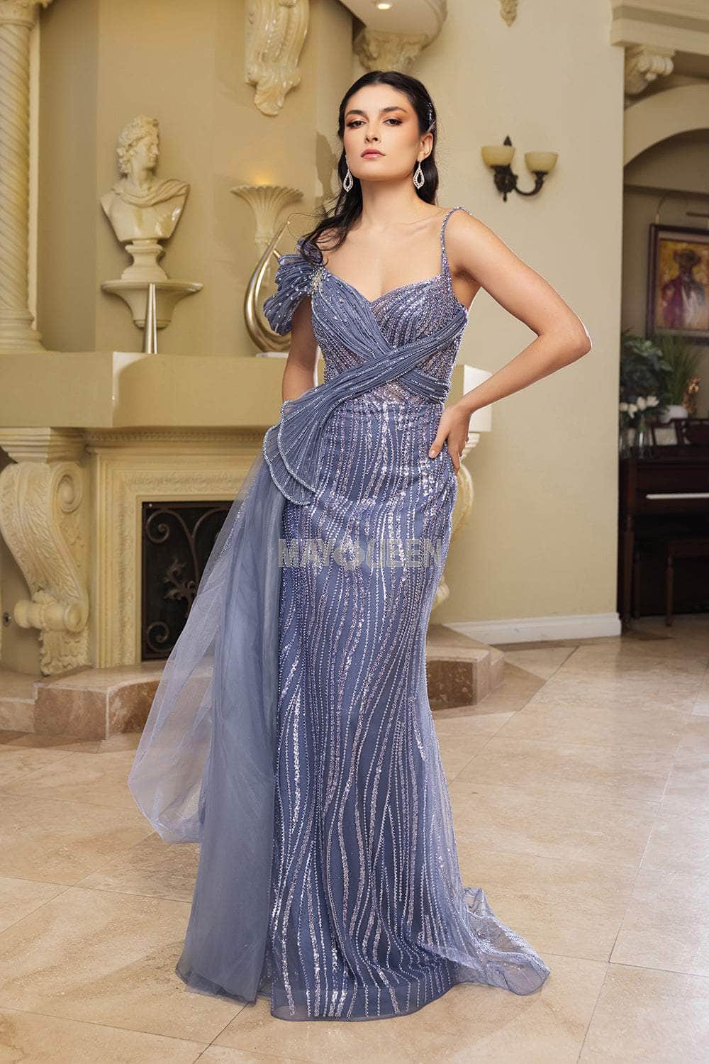 May Queen RQ8175B - Long Tulle Sheath Dress - Beaded, Sequin, Thin Straps, Crisscross Ruched Bodice, Off Shoulder Sleeve, Drape Side Sash ADASA May Queen RQ8175B - Long Tulle Sheath Dress - Beaded, Sequin, Thin Straps, Crisscross Ruched Bodice, Off Shoulder Sleeve, Drape Side Sash ADASA