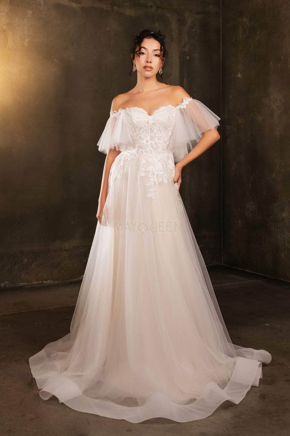 May Queen RQ8180 - Long Tulle A-Line Dress - Off-Shoulder Flutter Sleeves, Floral Lace Appliques, Sequin, Sheer Bodice, Sweep Train 14 / Ivory/Nude May Queen RQ8180 - Long Tulle A-Line Dress - Off-Shoulder Flutter Sleeves, Floral Lace Appliques, Sequin, Sheer Bodice, Sweep Train 14 / Ivory/Nude