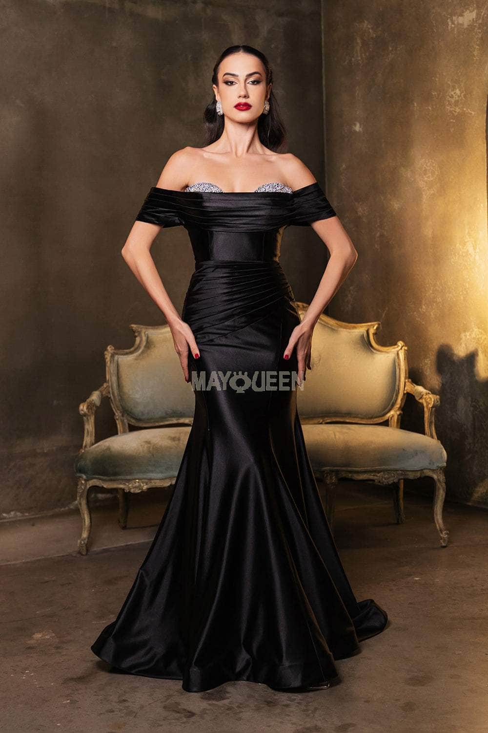 May Queen RQ8189 - Long Satin Mermaid Dress - Short Sleeves, Ruched Bodice, Beaded Bust Detail, Sweep Train, Open Back 12 / Black May Queen RQ8189 - Long Satin Mermaid Dress - Short Sleeves, Ruched Bodice, Beaded Bust Detail, Sweep Train, Open Back 12 / Black