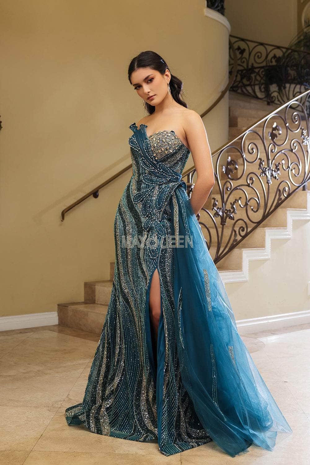 May Queen RQ8194 - Long Sheath Dress - Strapless Bodice, Draped Side Sash, Beaded Embellishments, High Slit, Fitted ADASA May Queen RQ8194 - Long Sheath Dress - Strapless Bodice, Draped Side Sash, Beaded Embellishments, High Slit, Fitted ADASA