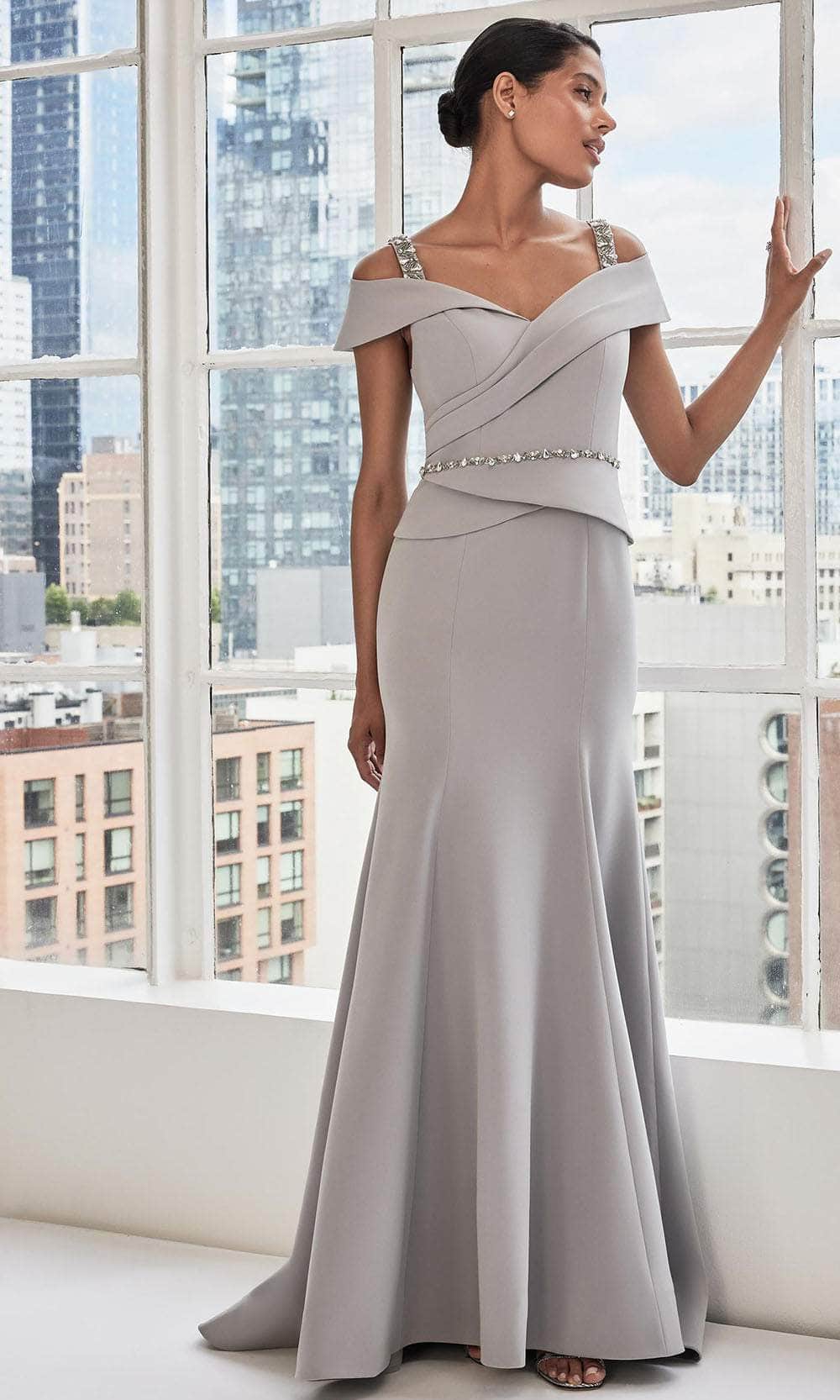 MGNY By Mori Lee 73112 - Long Crepe Mermaid Dress - Beaded Tank Straps, Cold Shoulder, Foldover Accent, Beaded Waistband, Surplice Peplum, Sweep Train ADASA MGNY By Mori Lee 73112 - Long Crepe Mermaid Dress - Beaded Tank Straps, Cold Shoulder, Foldover Accent, Beaded Waistband, Surplice Peplum, Sweep Train ADASA