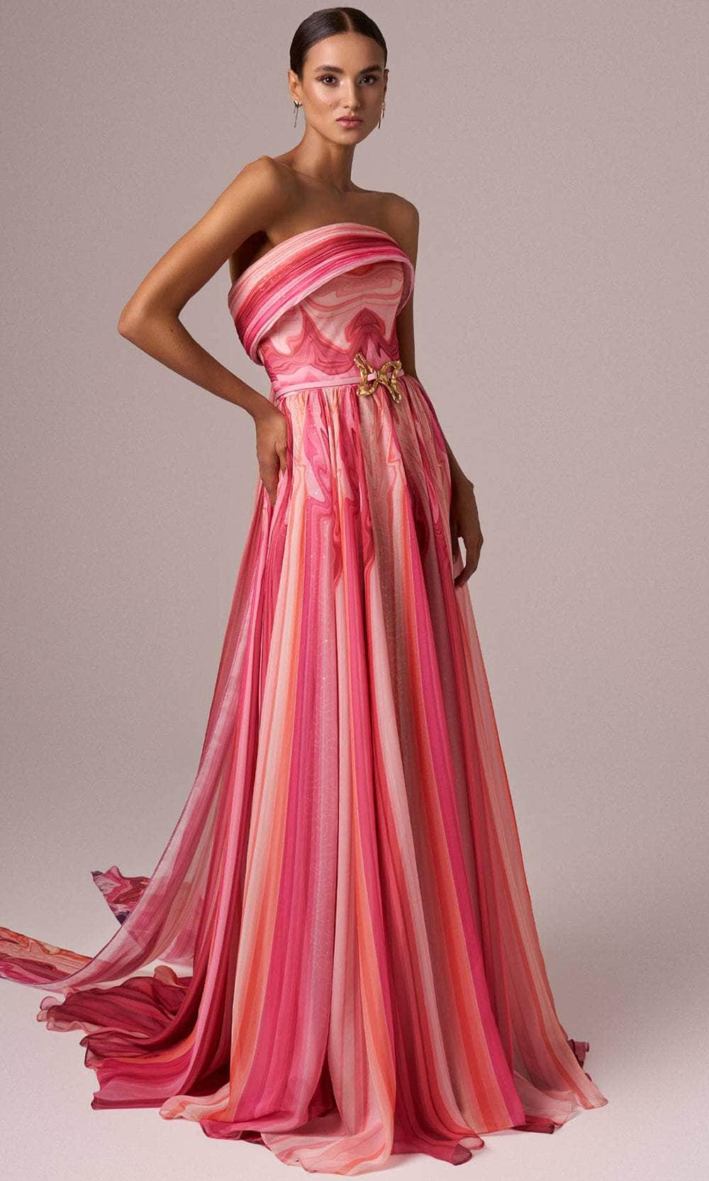 MNM Couture E0079 - Printed Straight Across Gown with Belt Evening Dresses