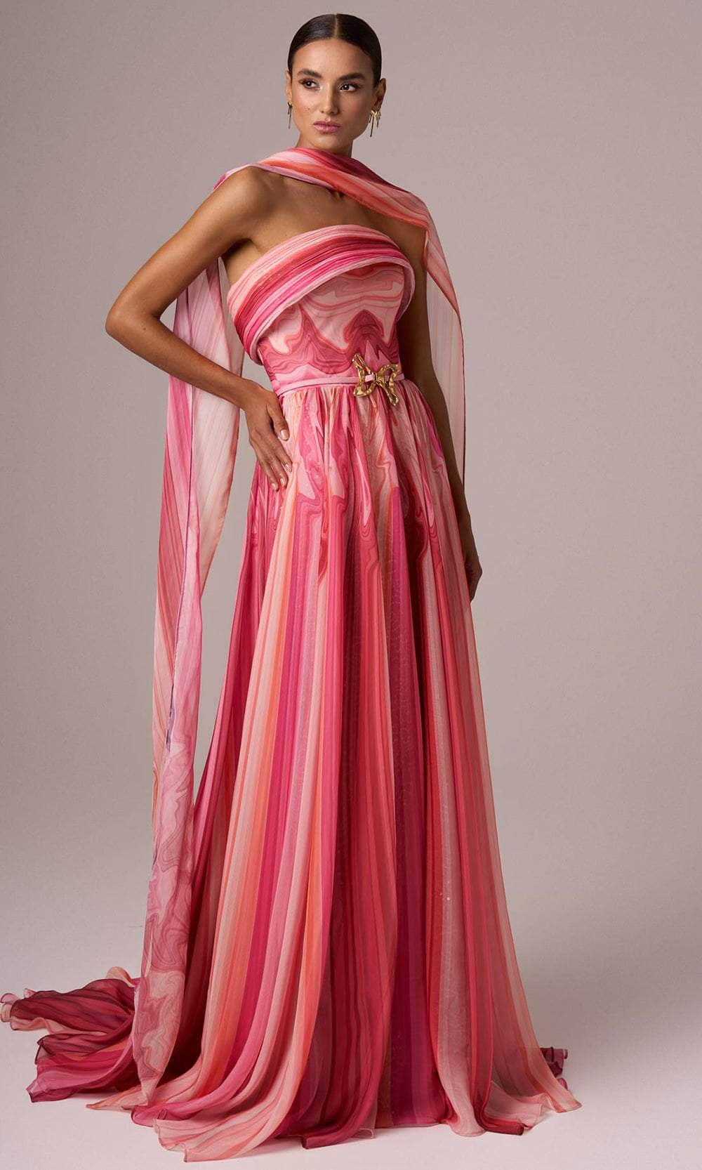 MNM Couture E0079 - Printed Straight Across Gown with Belt Evening Dresses