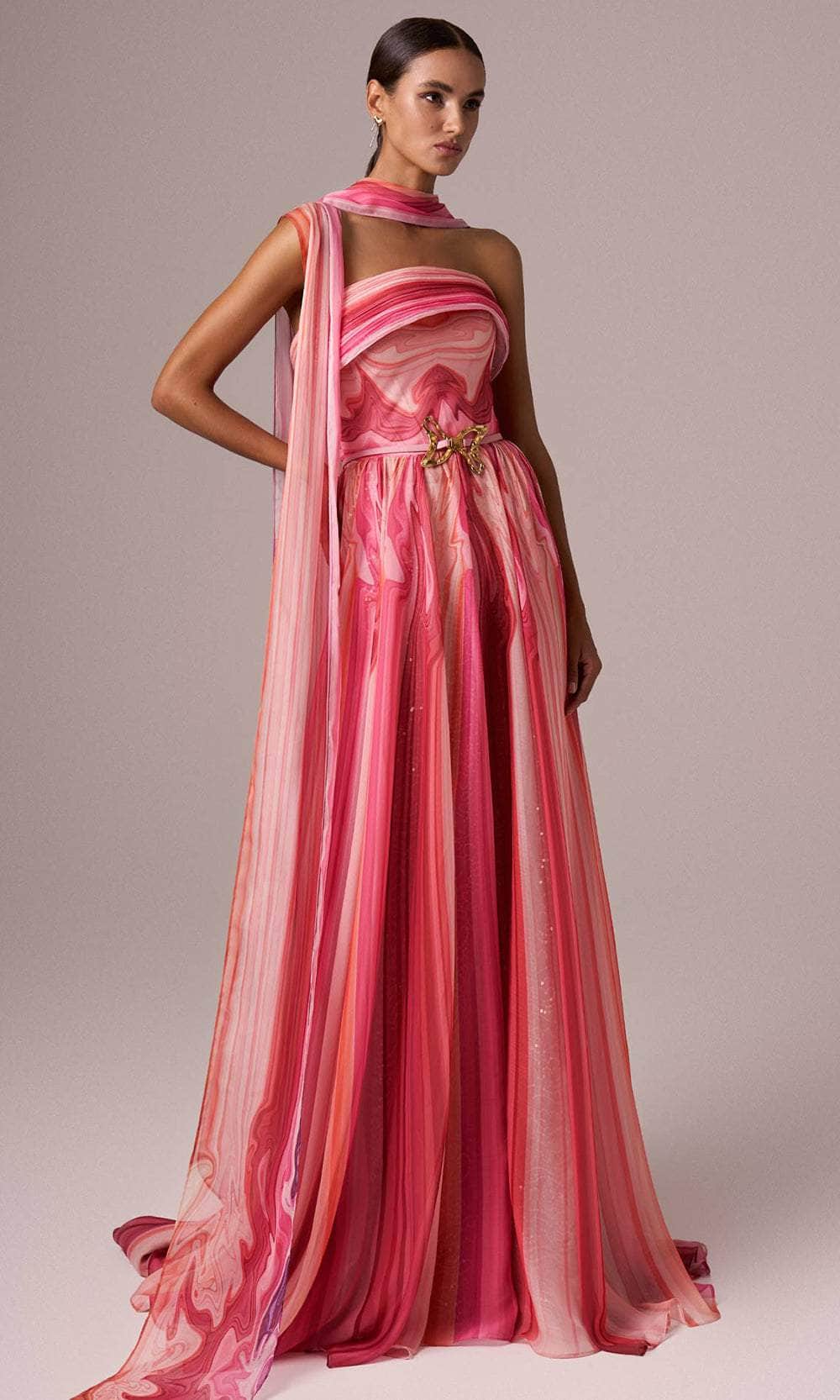 MNM Couture E0079 - Printed Straight Across Gown with Belt Evening Dresses