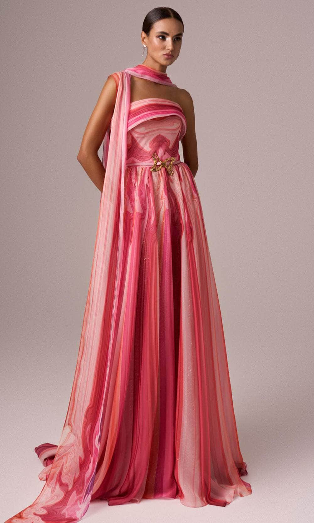 MNM Couture E0079 - Printed Straight Across Gown with Belt Evening Dresses