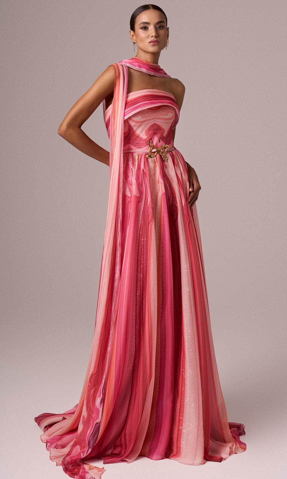 MNM Couture E0079 - Printed Straight Across Gown with Belt Evening Dresses