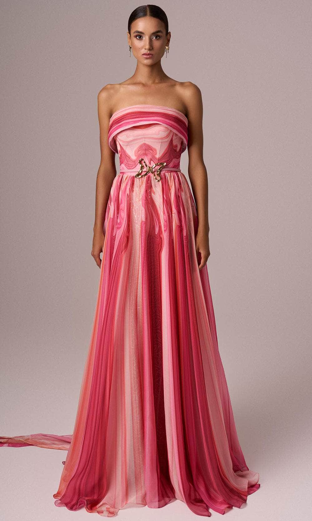 MNM Couture E0079 - Printed Straight Across Gown with Belt Evening Dresses