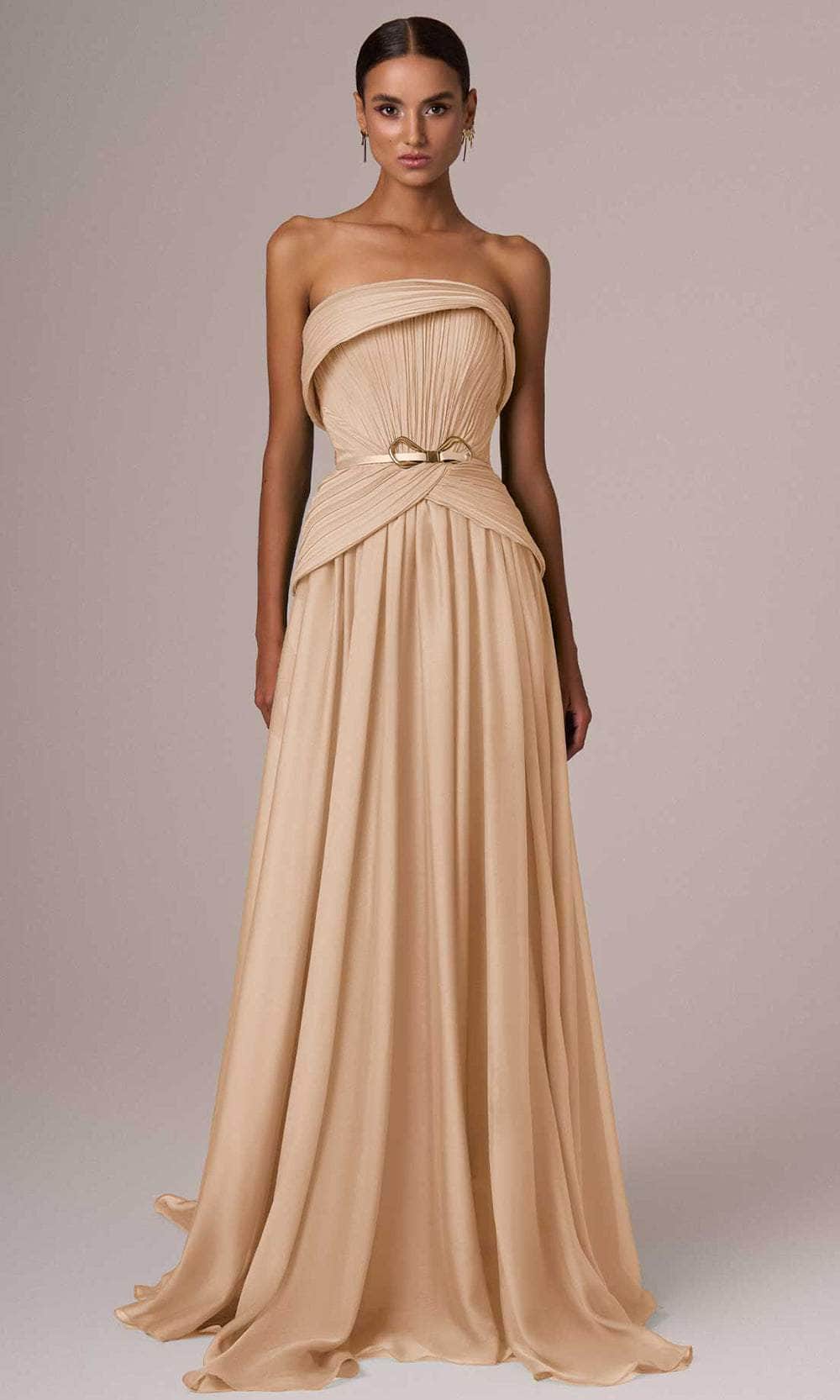 MNM Couture E0082 - Long A-line Dress - Strapless, Pleated Bodice, Thin Metal Belt, Flared Skirt, Sweep Train 10 / Blue MNM Couture E0082 - Long A-line Dress - Strapless, Pleated Bodice, Thin Metal Belt, Flared Skirt, Sweep Train 10 / Blue