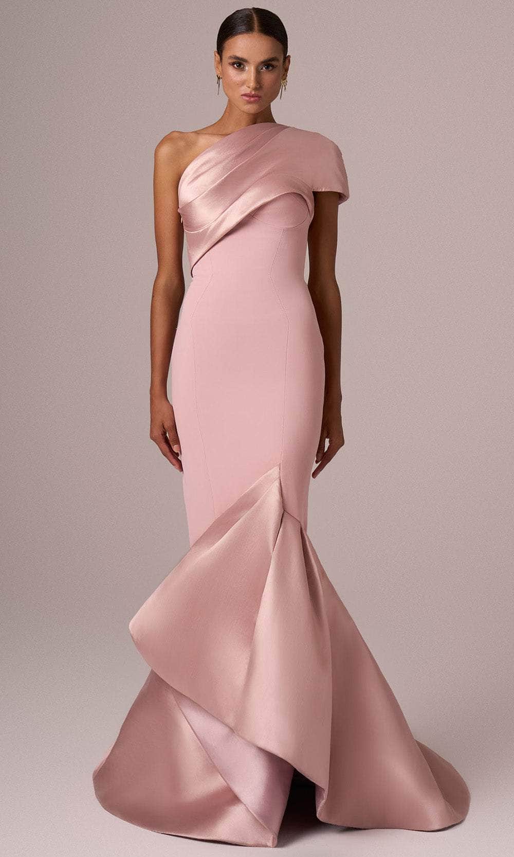 MNM Couture E0083 - Long Mermaid Dress - Short Sleeve, Asymmetrical Bodice  Fold, Structured Hem, Sweep Train  ADASA