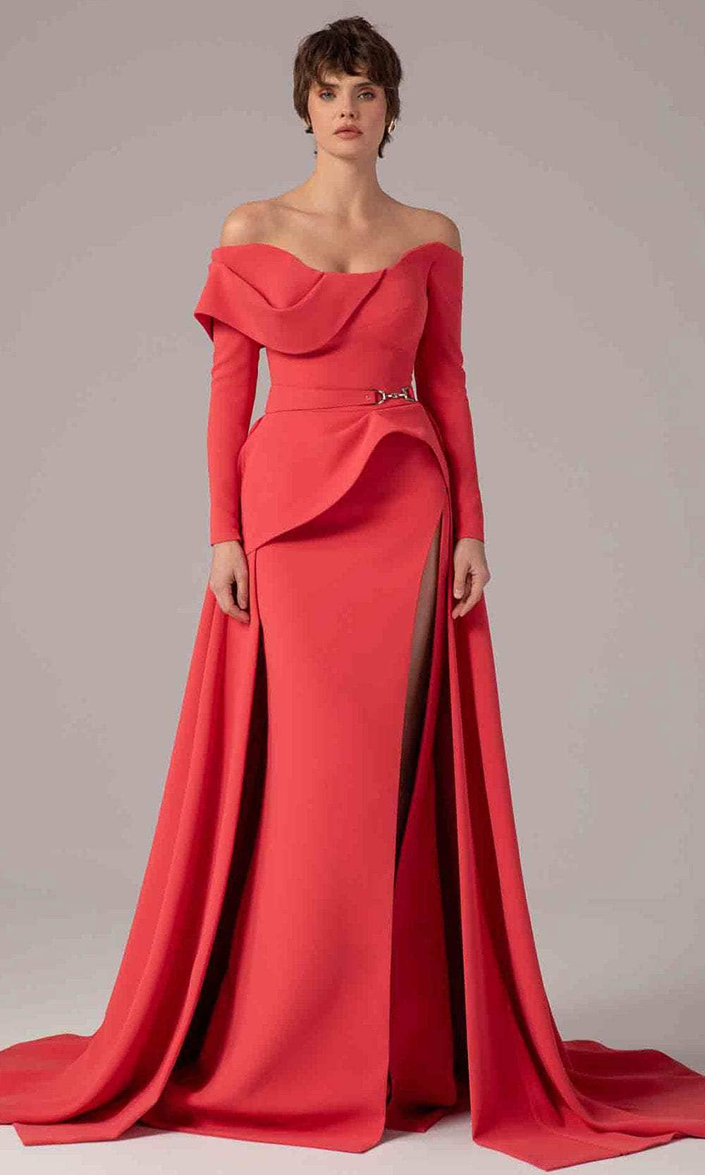 MNM Couture E0099 - Long Sleeve Overskirt Gown with Slit Mother of the Bride Dresses
