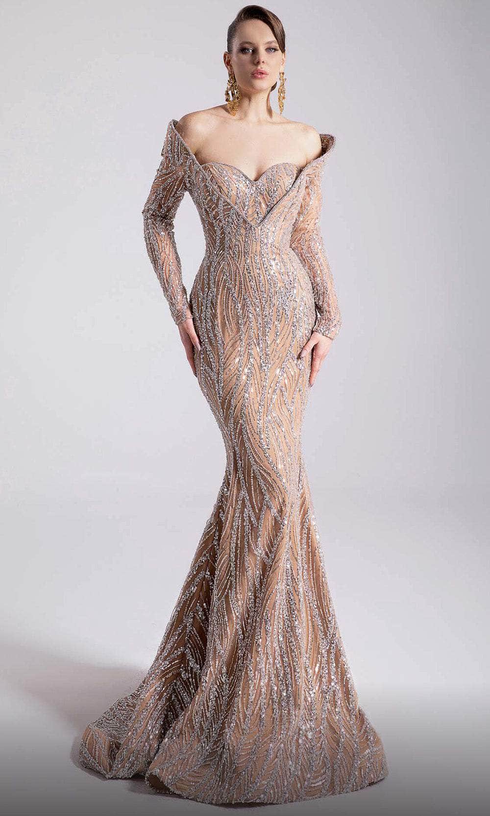 off the shoulder nude dress MNM Couture F02900 - Long Sheath Dress