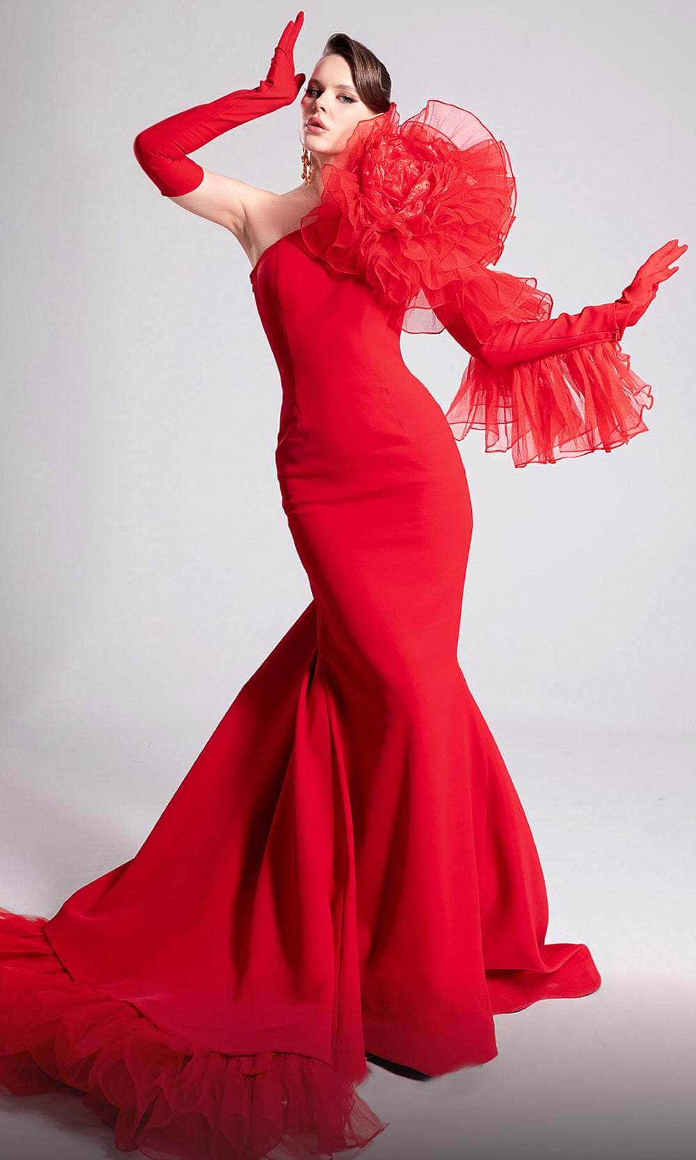 MNM Couture F02906 - Long Mermaid Dress - One Shoulder, Oversized Ruffles, Long Sleeve, Glove, Ruffled Hem 6 / Red - Shop MNM Couture Dresses On MNM Couture F02906 - Long Mermaid Dress - One Shoulder, Oversized Ruffles, Long Sleeve, Glove, Ruffled Hem 6 / Red - Shop MNM Couture Dresses On
