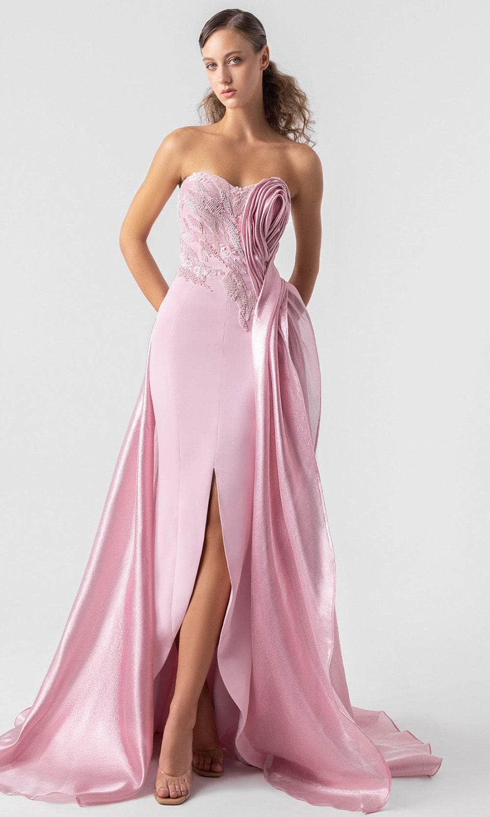 MNM Couture G1937 - Long Satin, Organza A-Line Dress - Strapless, Beaded Appliques, Dramatic Ruching, Side Overskirt, Sweep Train, High Slit, Front MNM Couture G1937 - Long Satin, Organza A-Line Dress - Strapless, Beaded Appliques, Dramatic Ruching, Side Overskirt, Sweep Train, High Slit, Front