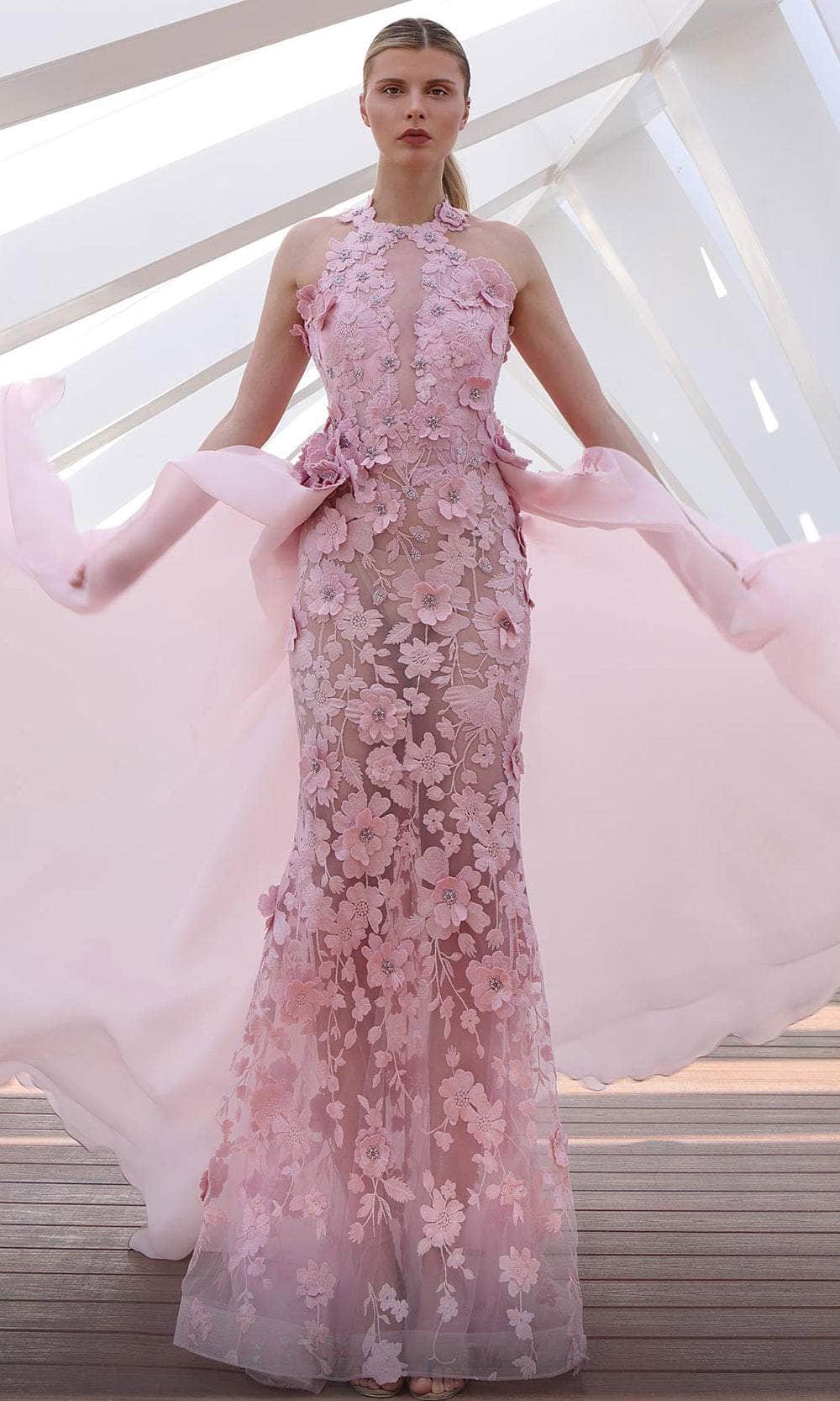 MNM Couture K4128 - 3D Floral Halter Neck Evening Gown MNM Couture K4128 - 3D Floral Halter Neck Evening Gown
