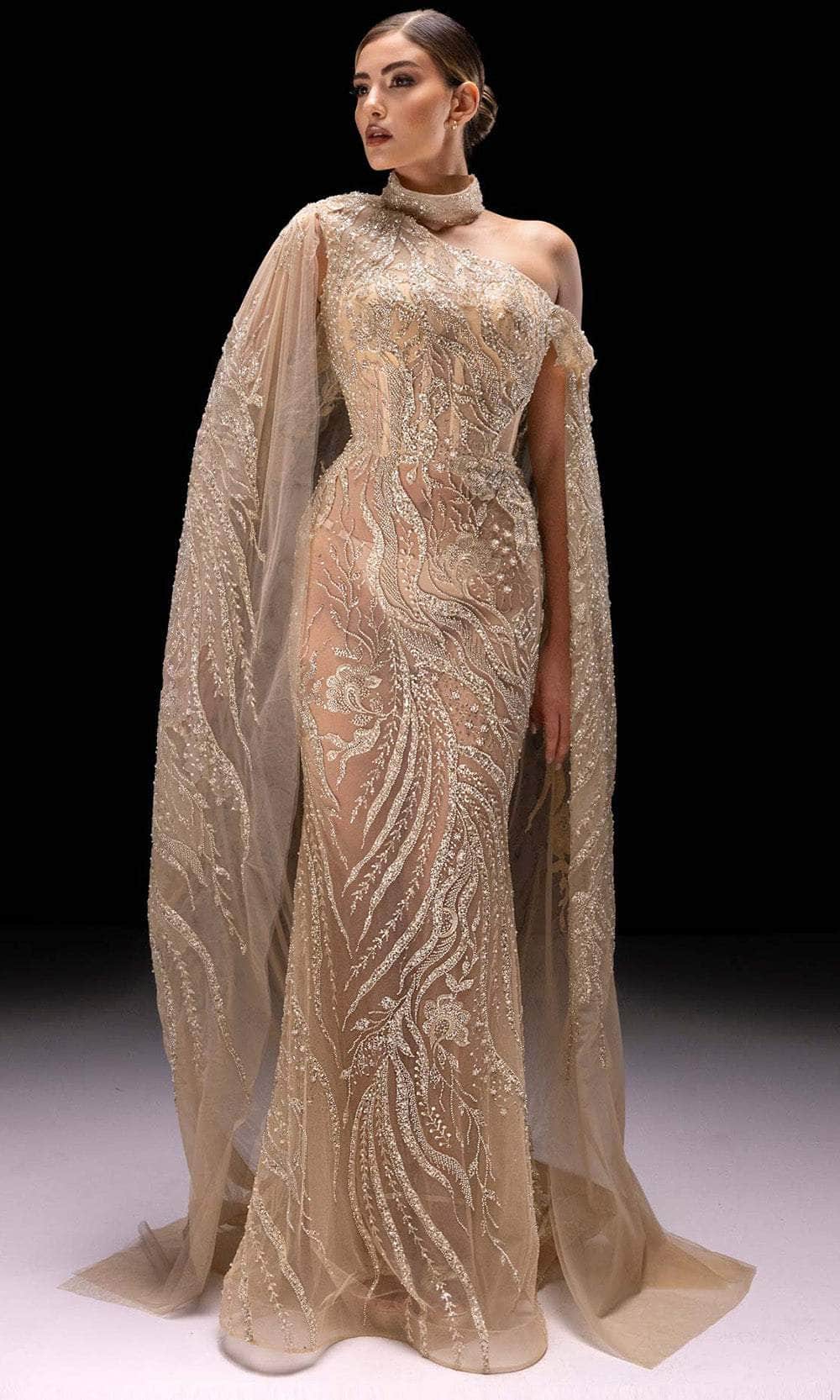 MNM Couture K4241 Beaded Long Formal Sequin Cape Dress - Beige / 10 MNM Couture K4241 Beaded Long Formal Sequin Cape Dress - Beige / 10