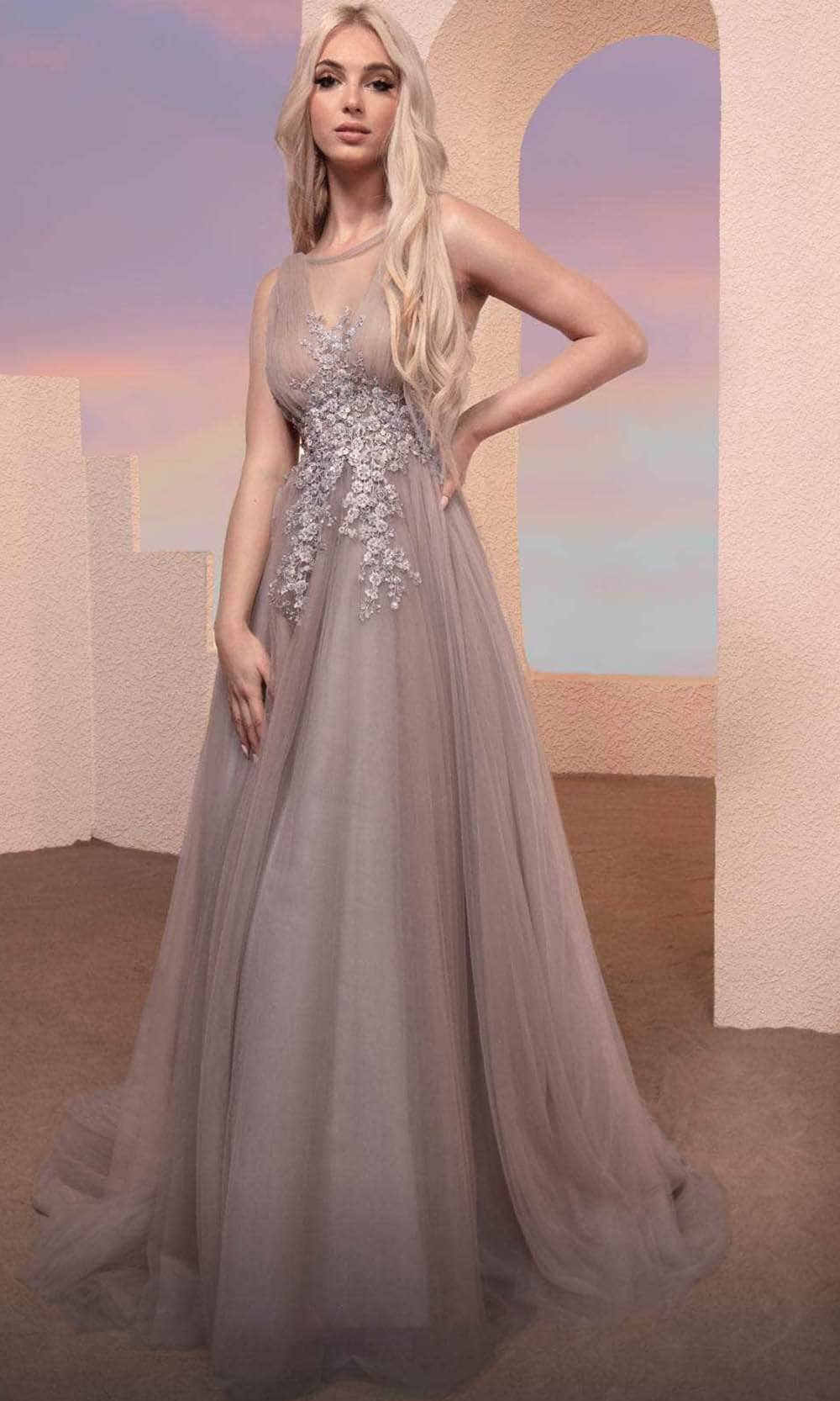 MNM COUTURE M0095 - Floral Applique Tulle Evening Dress Evening Dresses 0 / Silver