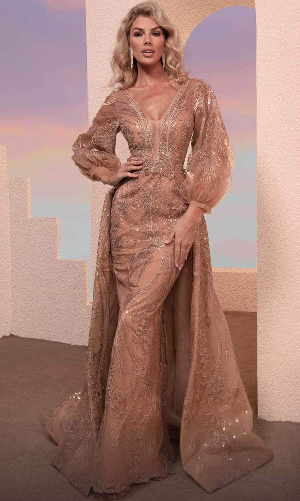 MNM COUTURE M0099 - Embroidered Overskirt Evening Dress Evening Dresses 0 / Beige