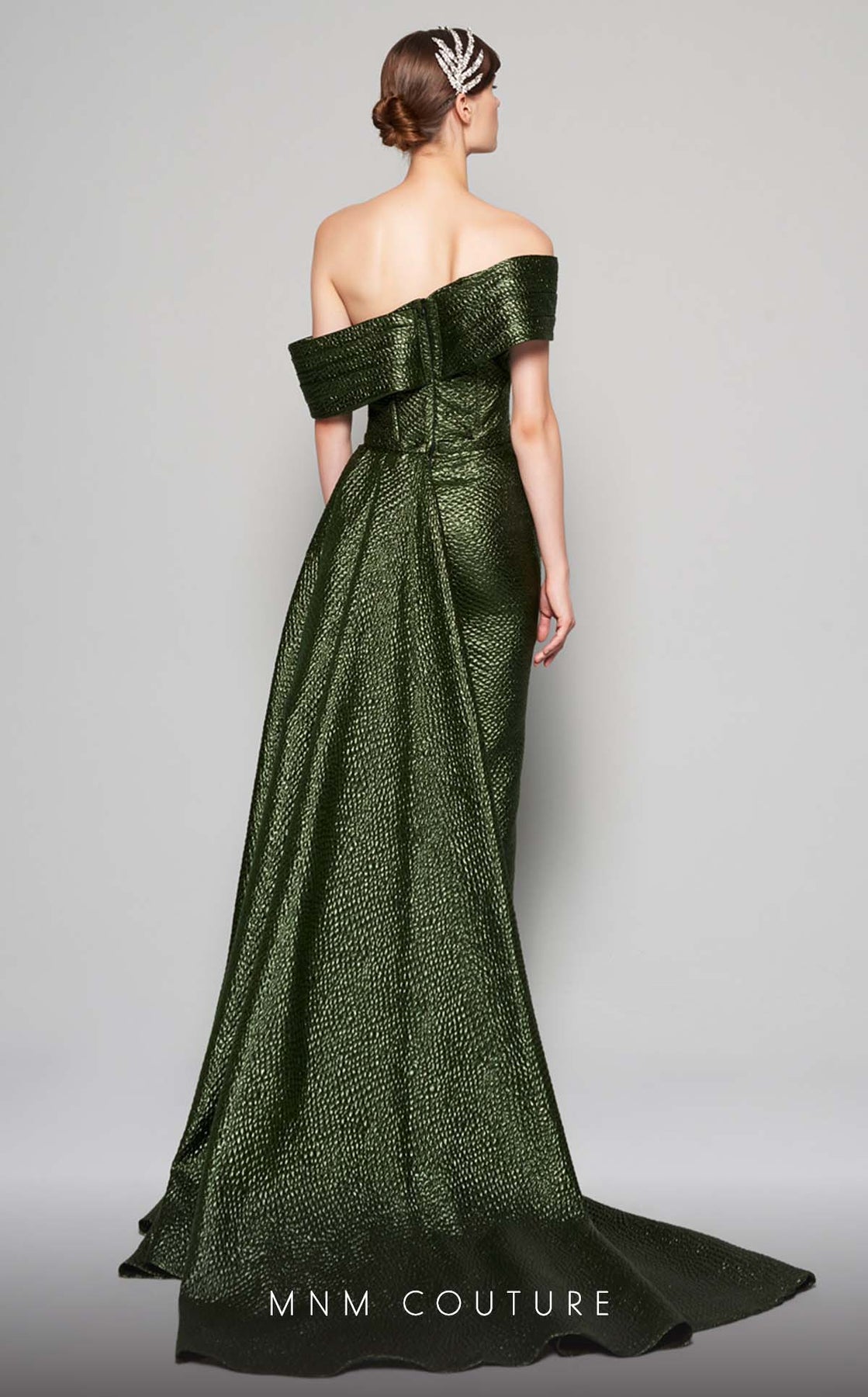 MNM Couture - N0356 Asymmetric Off-Shoulder Drape Train Evening Gown In Green