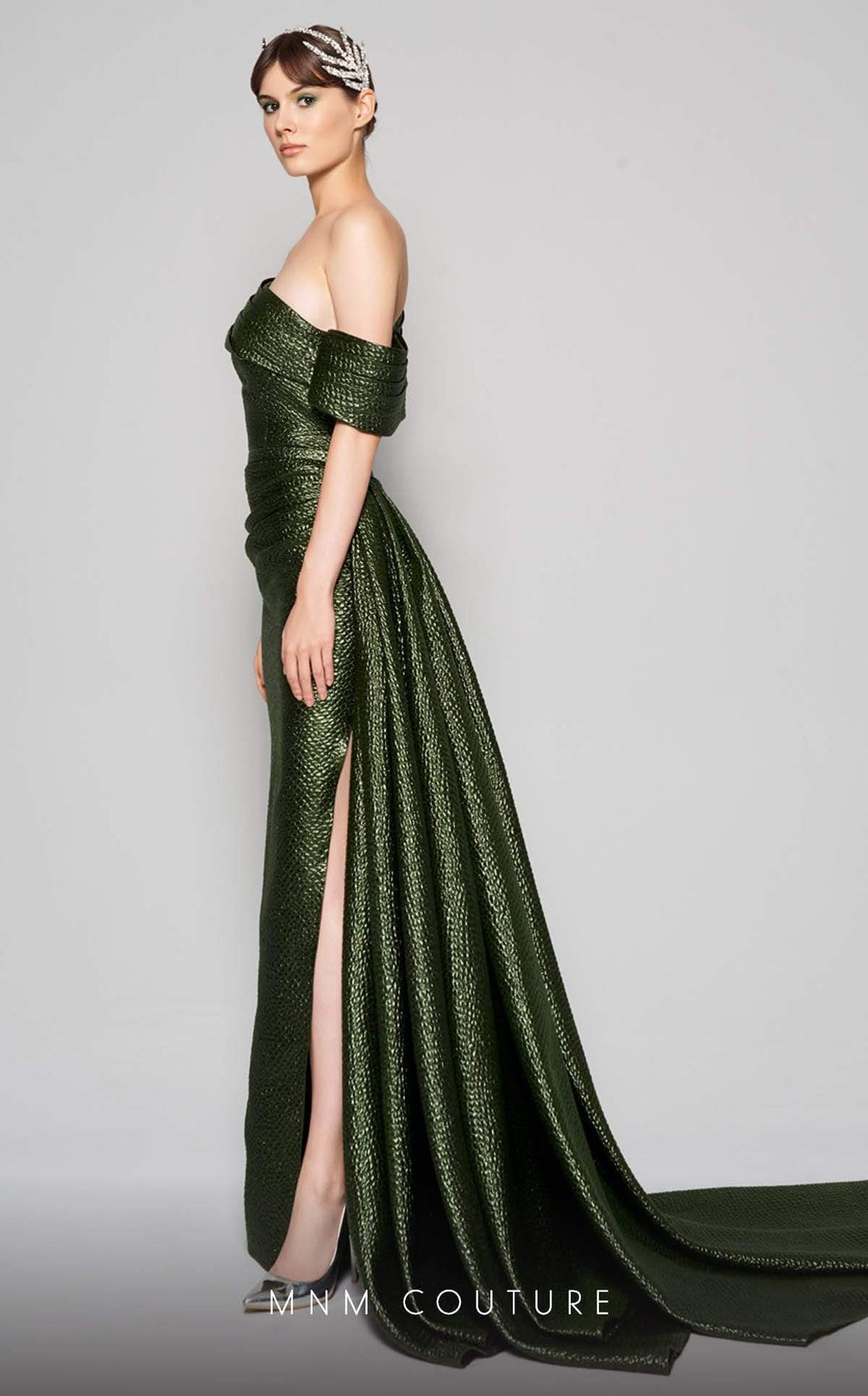 MNM Couture - N0356 Asymmetric Off-Shoulder Drape Train Evening Gown In Green