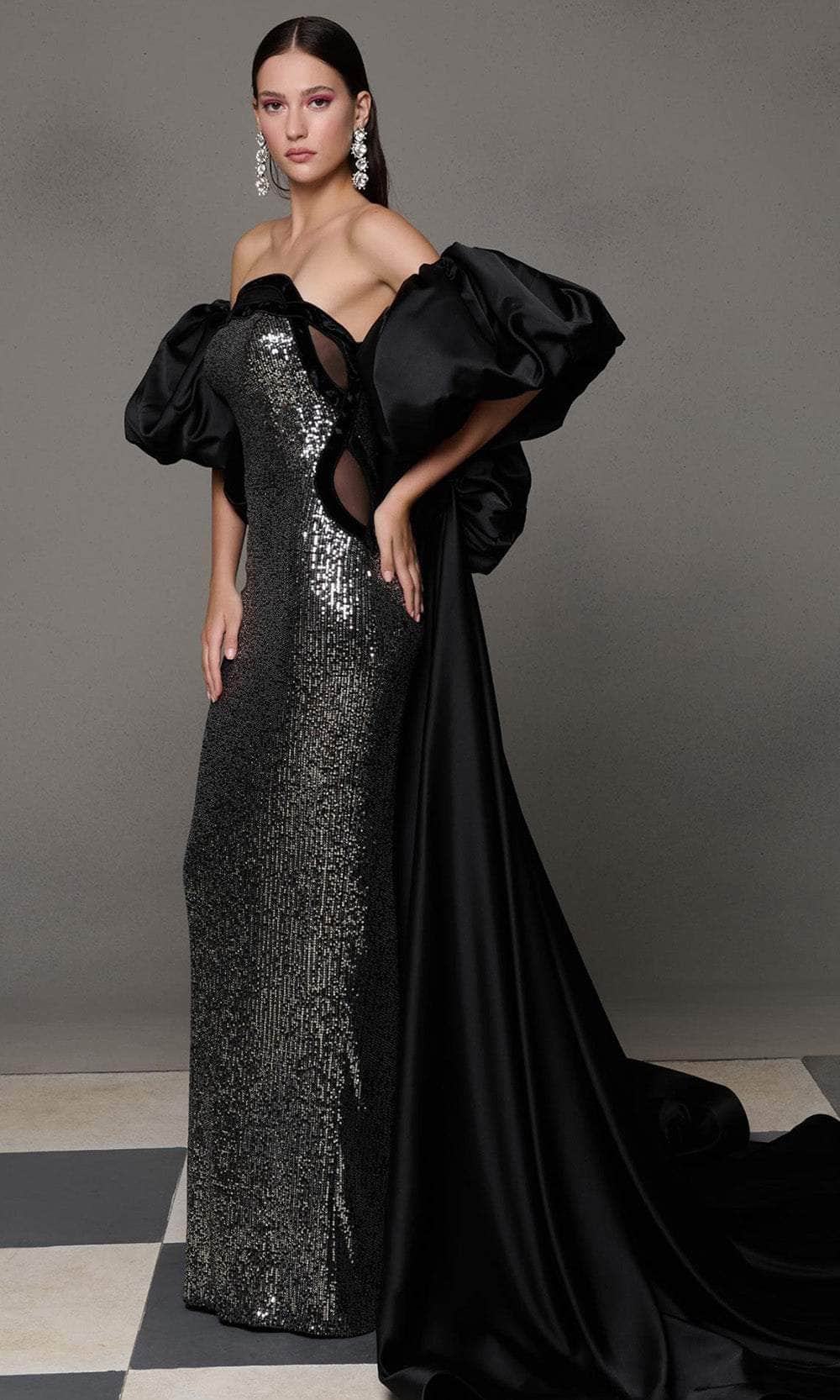 MNM Couture N0635 - Sequin Dress with Puff Sleeve Cape Evening Dresses