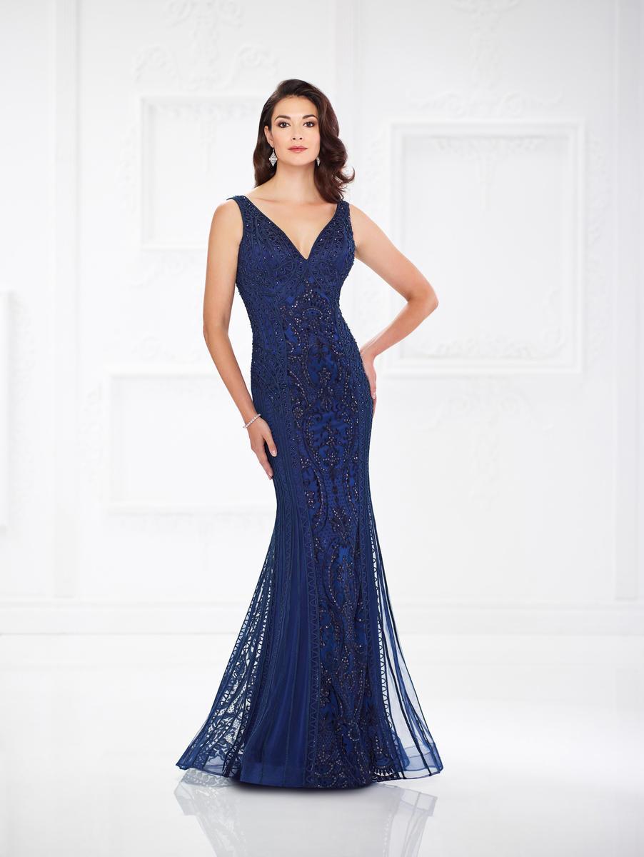 Montage by Mon Cheri - 118975 Sleeveless Ribbonwork Evening Gown Evening Dresses 4 / Navy