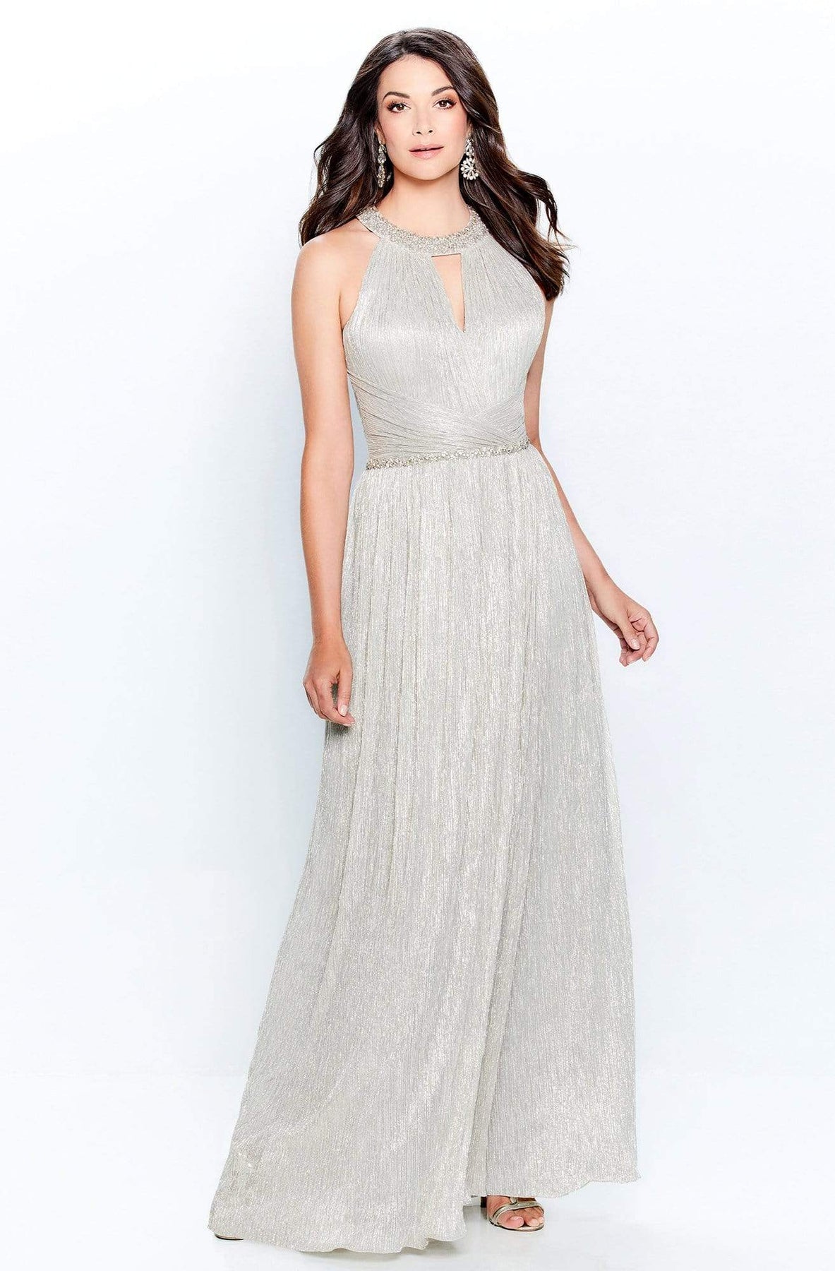 Montage by Mon Cheri - 120901W Embellished Halter Neck Sheath Dress Prom Dresses 16W / Champagne