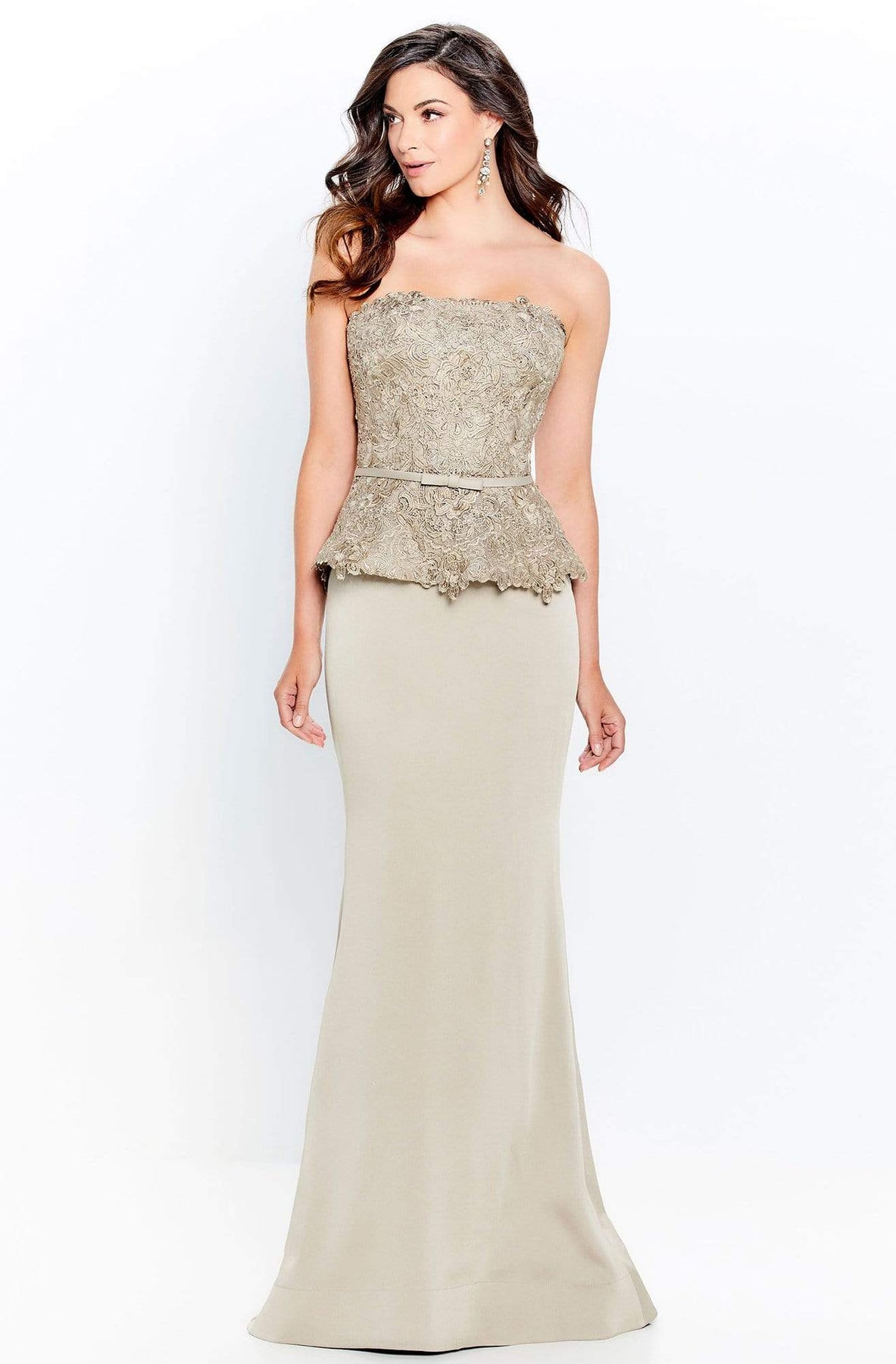 Montage by Mon Cheri - 120907 Lace Overlay Top Satin Trumpet Dress Mother of the Bride Dresses 4 / Antique Gold