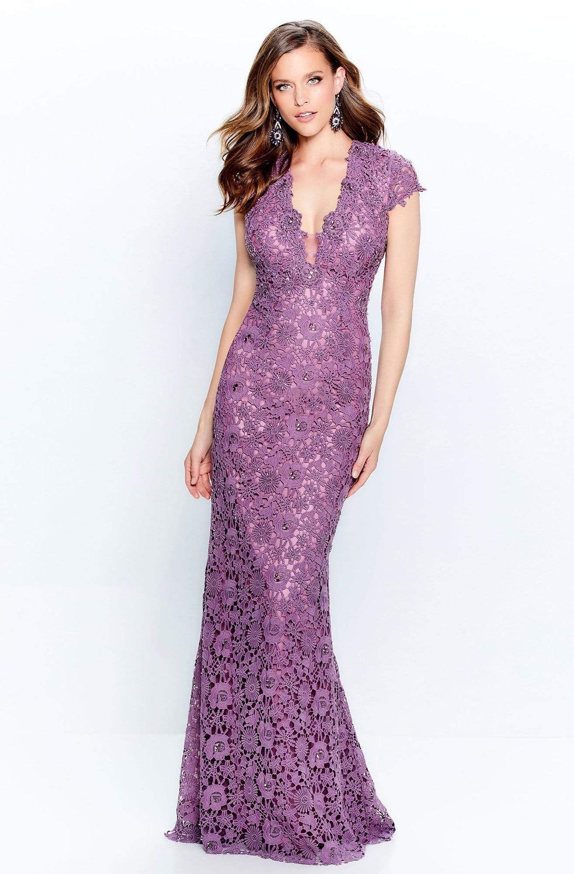 Montage by Mon Cheri - 120912 Lace Plunging V-Neck Sheath Dress Mother of the Bride Dresses 4 / Amethyst