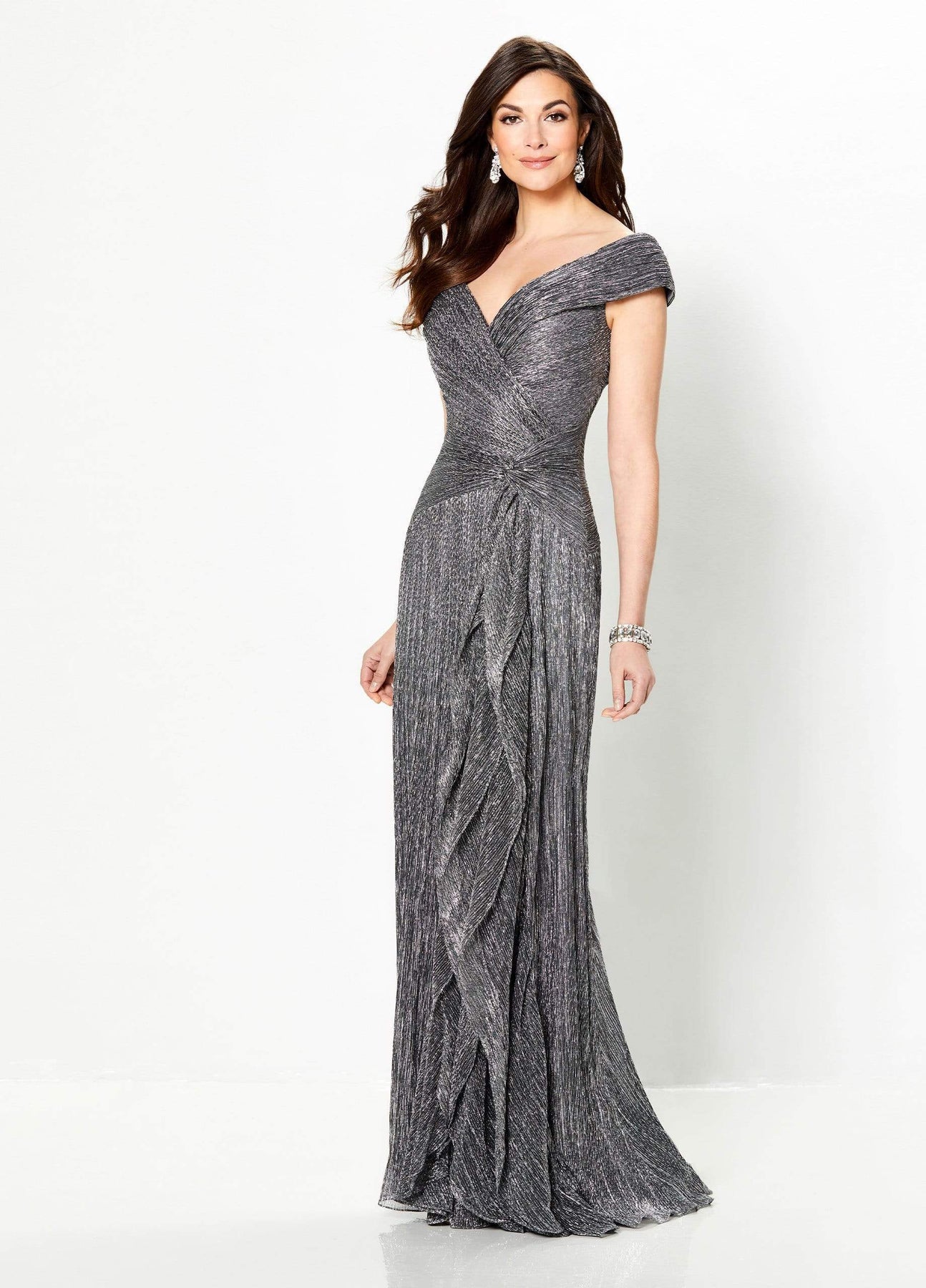 Montage by Mon Cheri - 219975 Portrait V-Neck Cascading Ruffled Gown Mother of the Bride Dresses 4 / Gunmetal