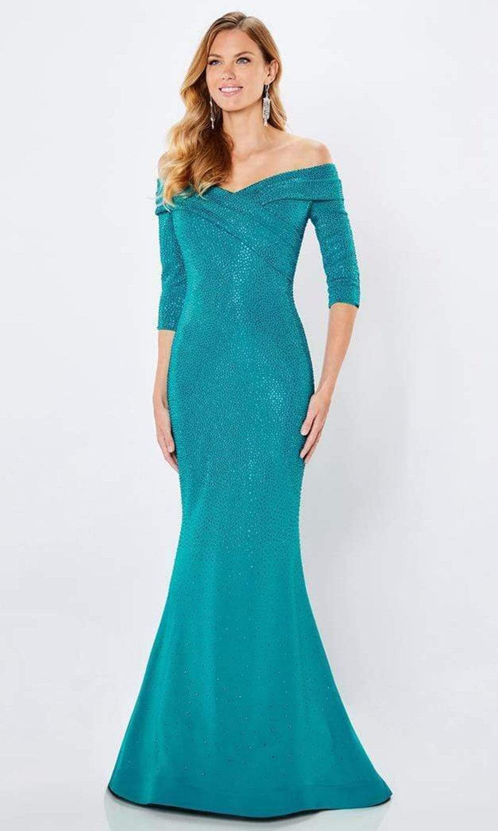 Montage by Mon Cheri - 221970 Off-Shoulder Sparkle Beaded Mermaid Gown Special Occasion Dress 4 / Peacock