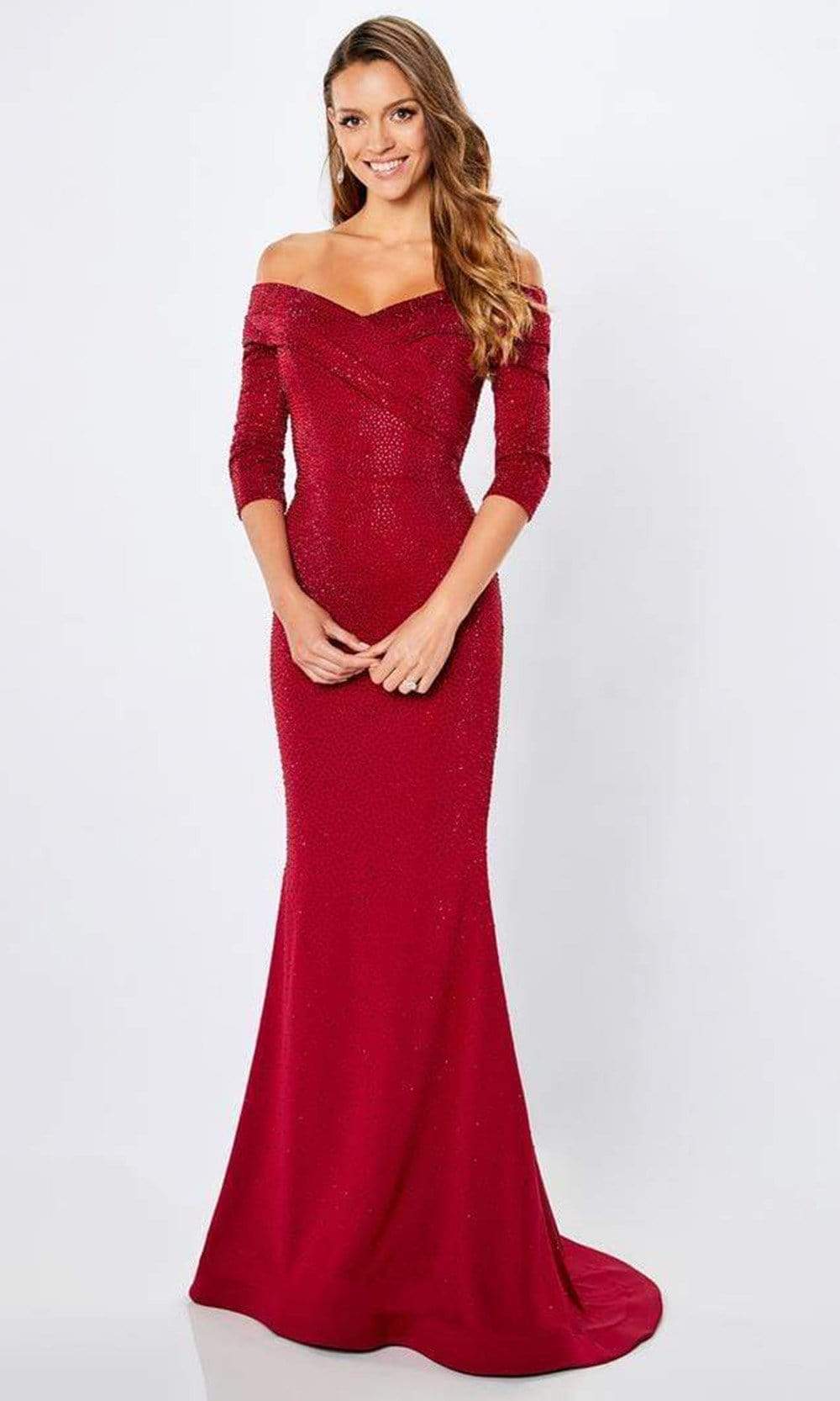 Montage by Mon Cheri - 221970 Off-Shoulder Sparkle Beaded Mermaid Gown Special Occasion Dress 4 / Wine