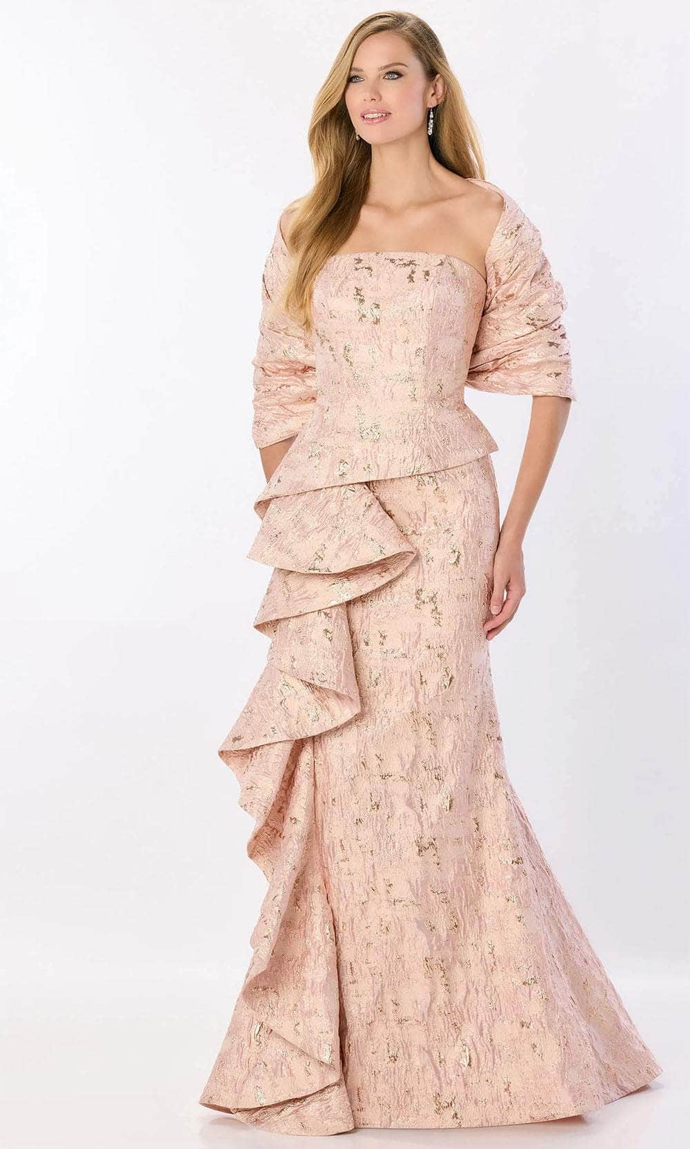 Montage by Mon Cheri M2225 - Ruffle Detailed Straight Neck Prom Gown Prom Dresses 4 / Pewter Gold